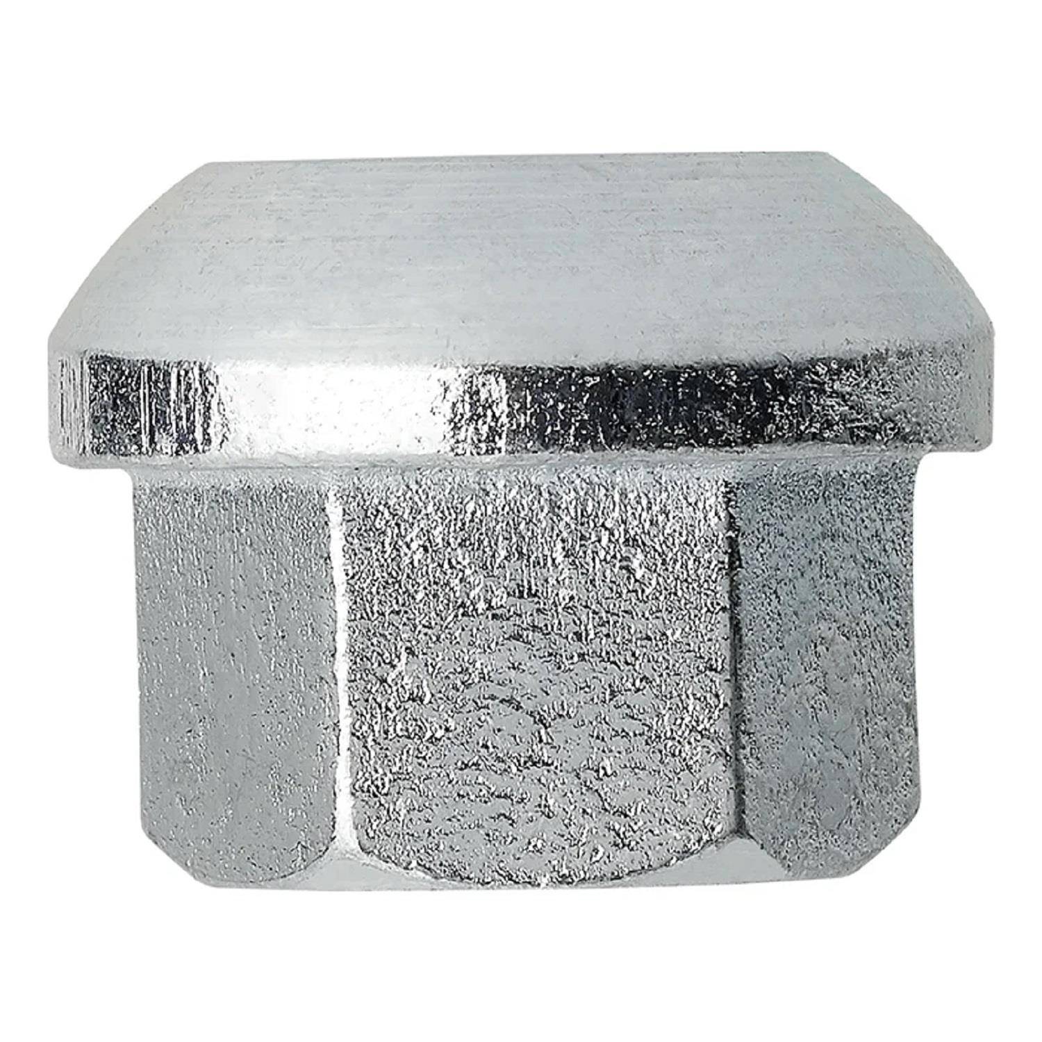Eine silberne sechseckige Hutmutter mit glänzender metallischer Oberfläche.
