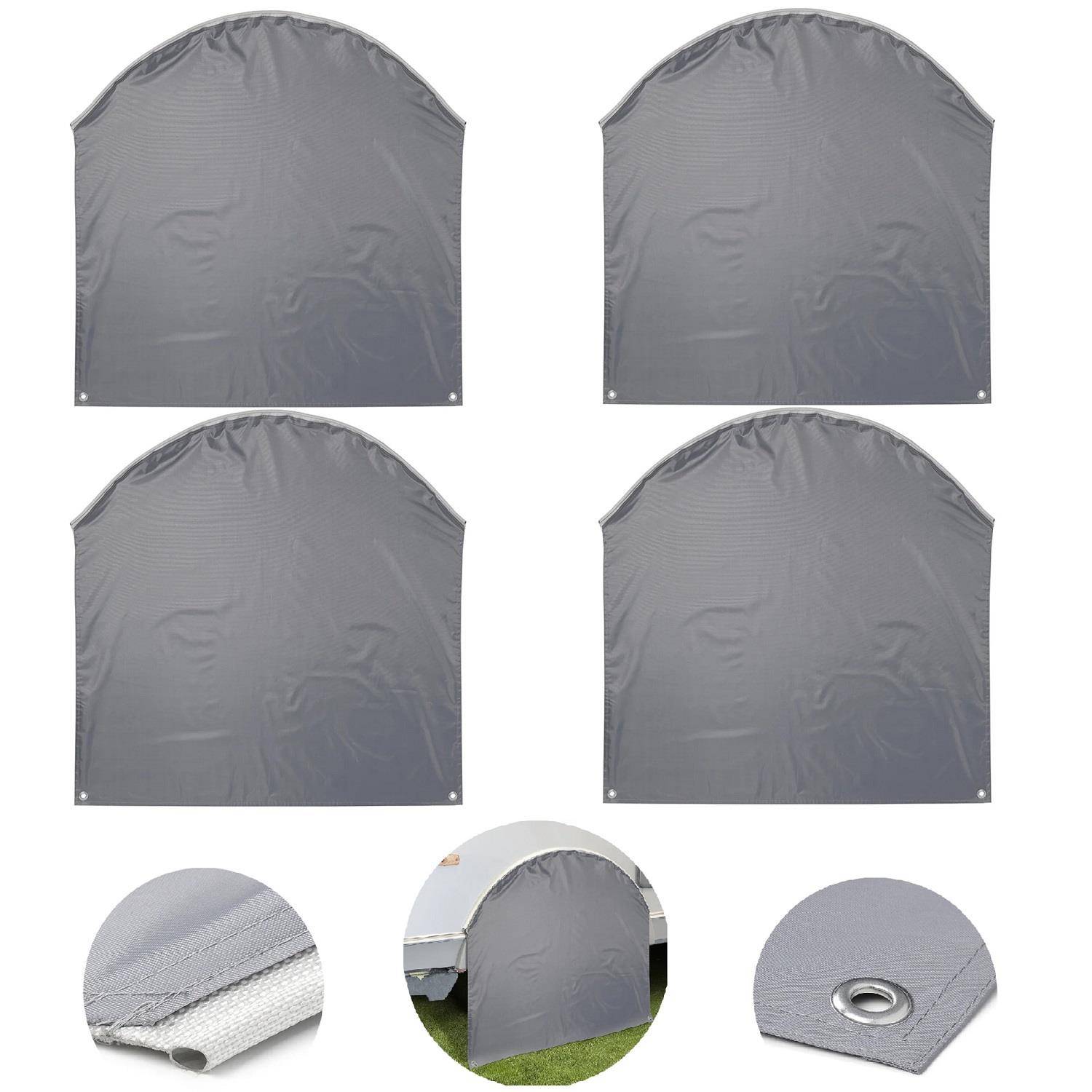 Vier gebogene graue Plane mit verstärkten Kanten und Ösen, von vorne gezeigt. Darunter befinden sich Detailansichten des Materials und seiner Verwendung.