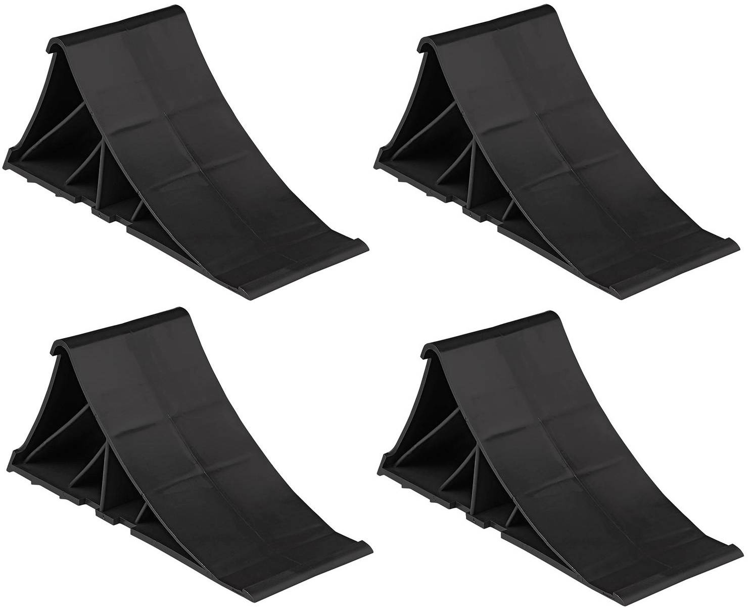 Vier schwarze Gummekeile, jeweils keilförmig, zur Verhinderung der Fahrzeugbewegung, auf einem weißen Hintergrund dargestellt.