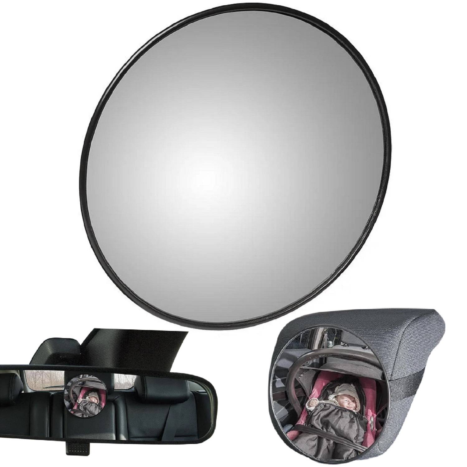 Rückspiegel und Baby-Spiegel-Kombination; zeigt Sichtbarkeit auf der Rückbank für sicheres Überwachen eines Kindes im Autositz.