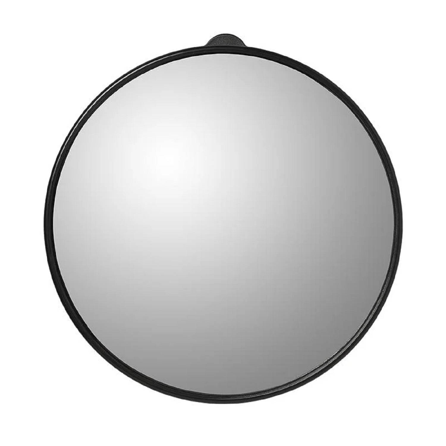 Ein runder Spiegel mit einem schwarzen Rahmen, von vorne betrachtet, der das Umgebungslicht reflektiert.