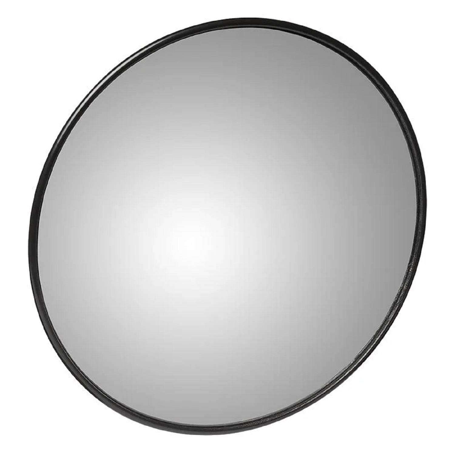 Ein runder Wandspiegel mit einem dünnen, schwarzen Rahmen. Die reflektierende Oberfläche ist zentriert und der Hintergrund ist weiß.