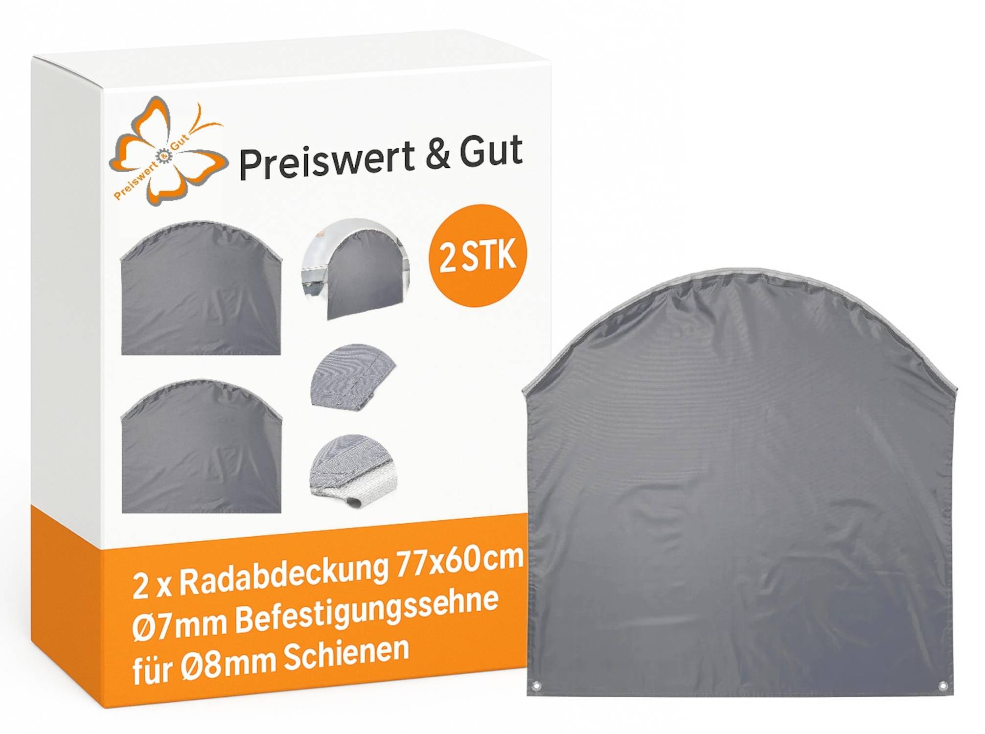 Verpackungsbild von 'Preiswert & Gut' grauen Radkappen, zwei abgebildet, mit Größe 77x60cm und Details zu Befestigungen, geeignet für 0,7mm bis 8mm Schlitze.