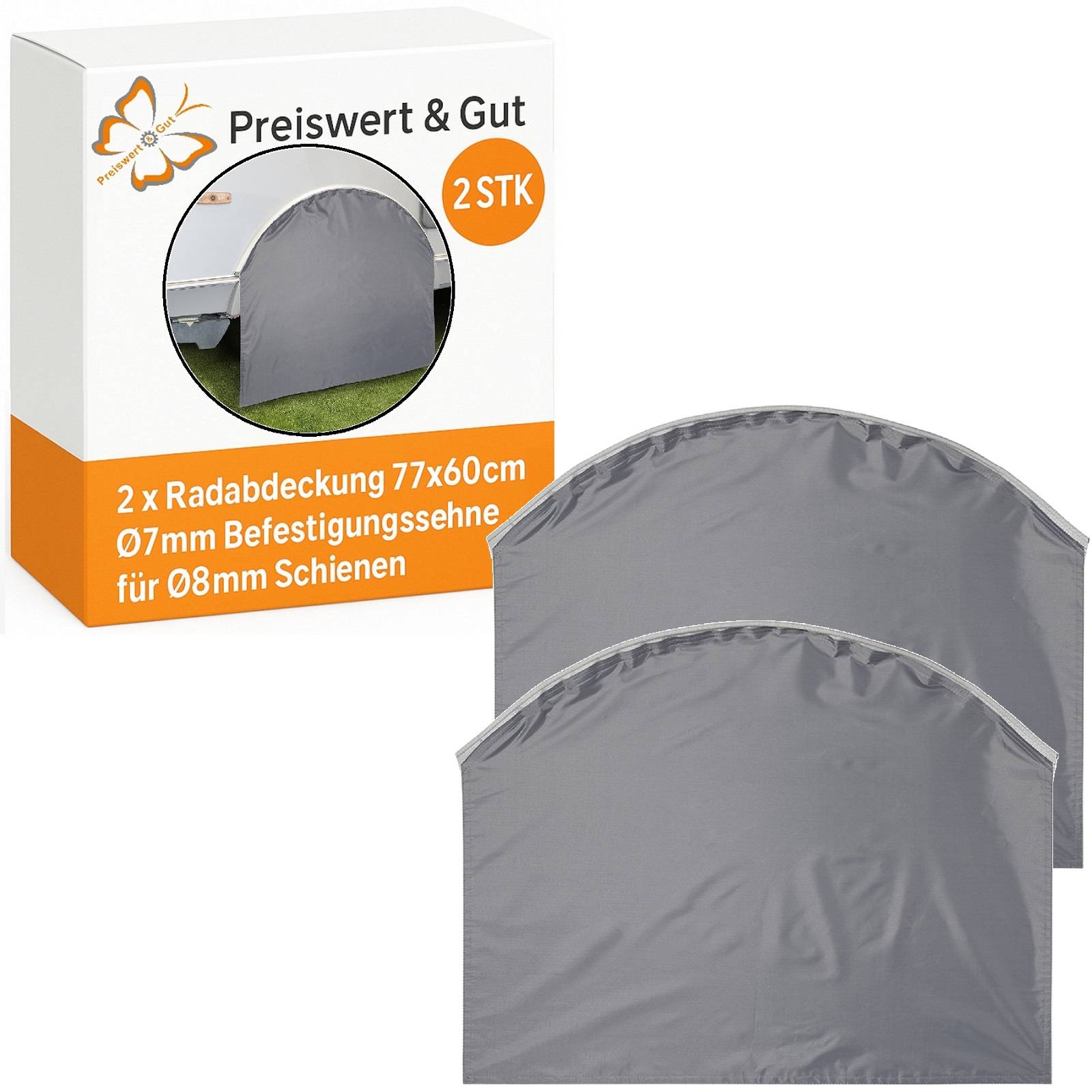 2 x Radabdeckung 77x60 cm für Wohnwagen & Wohnmobile – mit Ø7mm Befestigungssehne für Ø8mm Schienen – Polyester – für optimalen Reifenschut