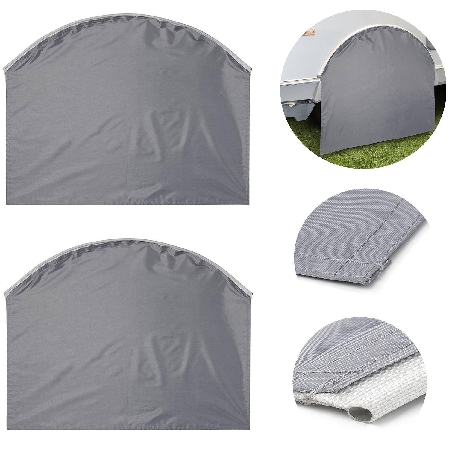 Zwei graue Radbezüge zum Schutz von Wohnmobil-Reifen, aus verschiedenen Blickwinkeln gezeigt mit Details zum Stoff und zur Naht.