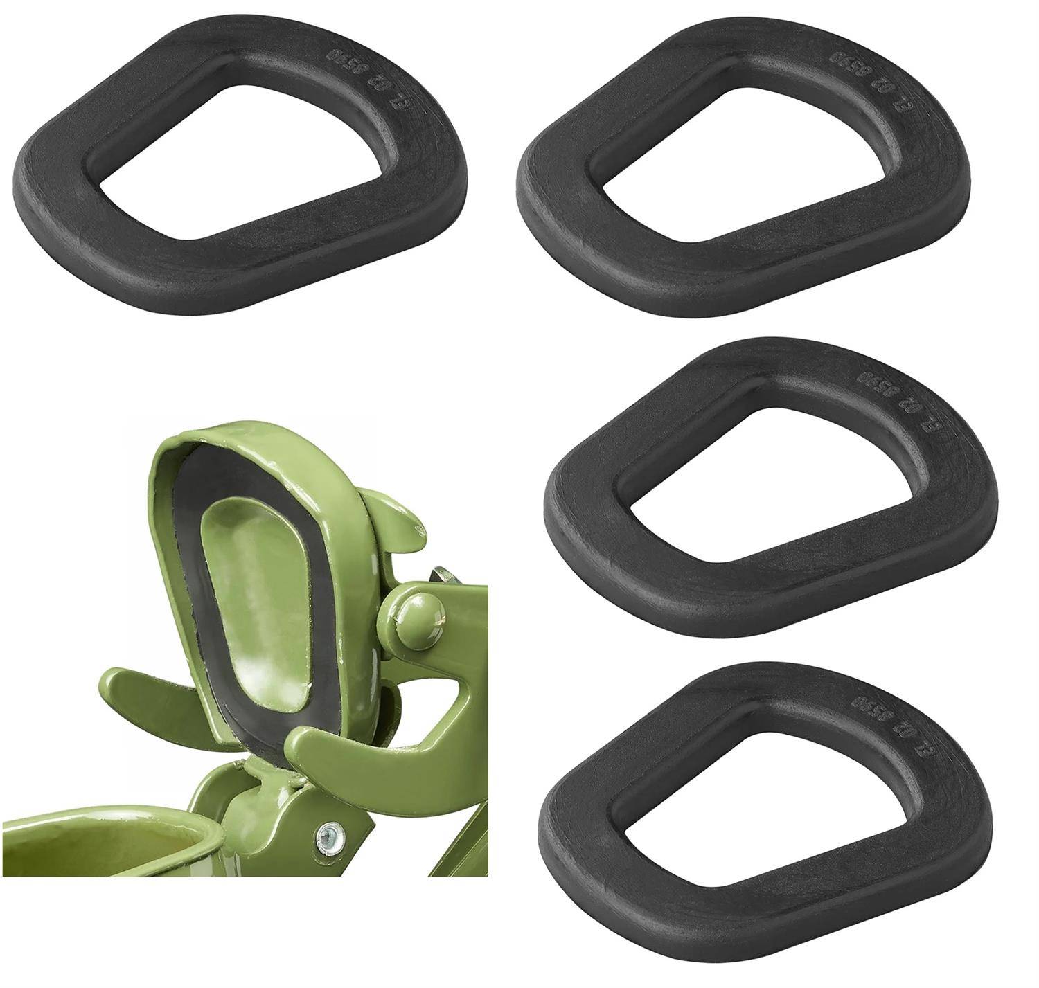 Vier schwarze Gummidichtungen, dreieckig mit abgerundeten Kanten, und eine, die in Verwendung gezeigt wird, angebracht um einen grünen Metallgegenstand.