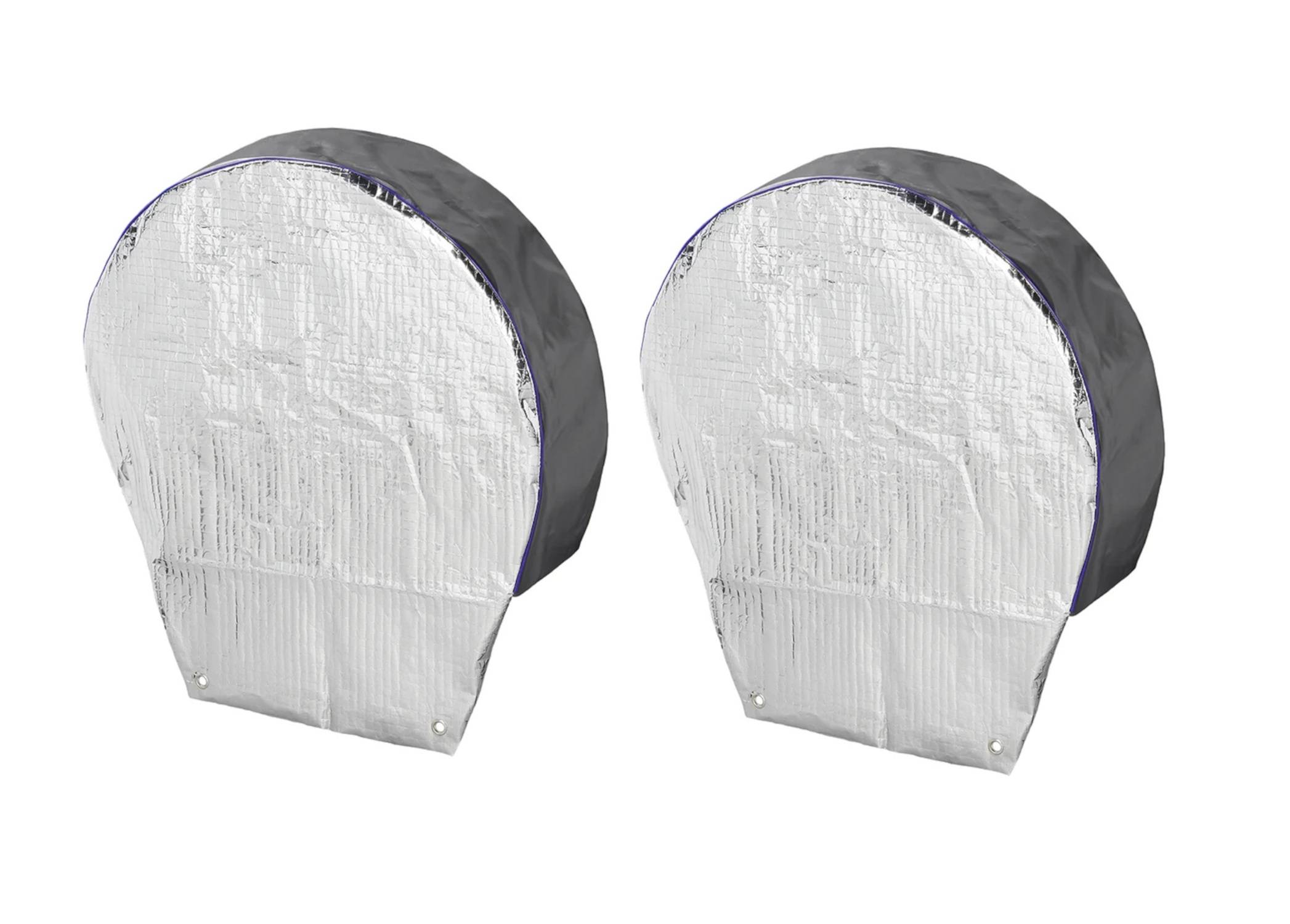 Zwei silberne Reflektorabdeckungen, die entwickelt wurden, um über Ersatzreifen zu passen und Schutz vor Sonne und Regen zu bieten.