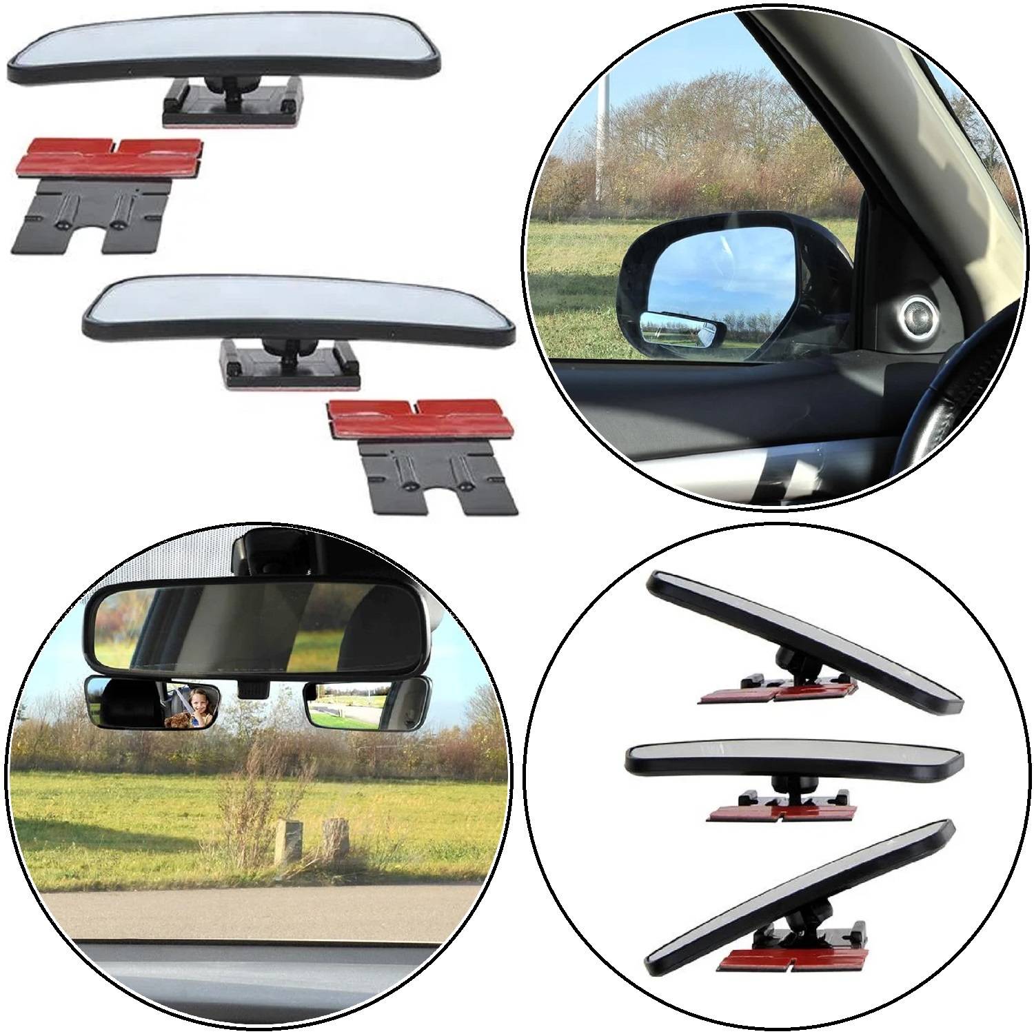 Autospiegelset mit Komponenten und Installationsansichten. Enthält einen Innenspiegel, Befestigungsbügel und eine Seitenspiegelperspektive, die eine verbesserte Sichtbarkeit zeigt.