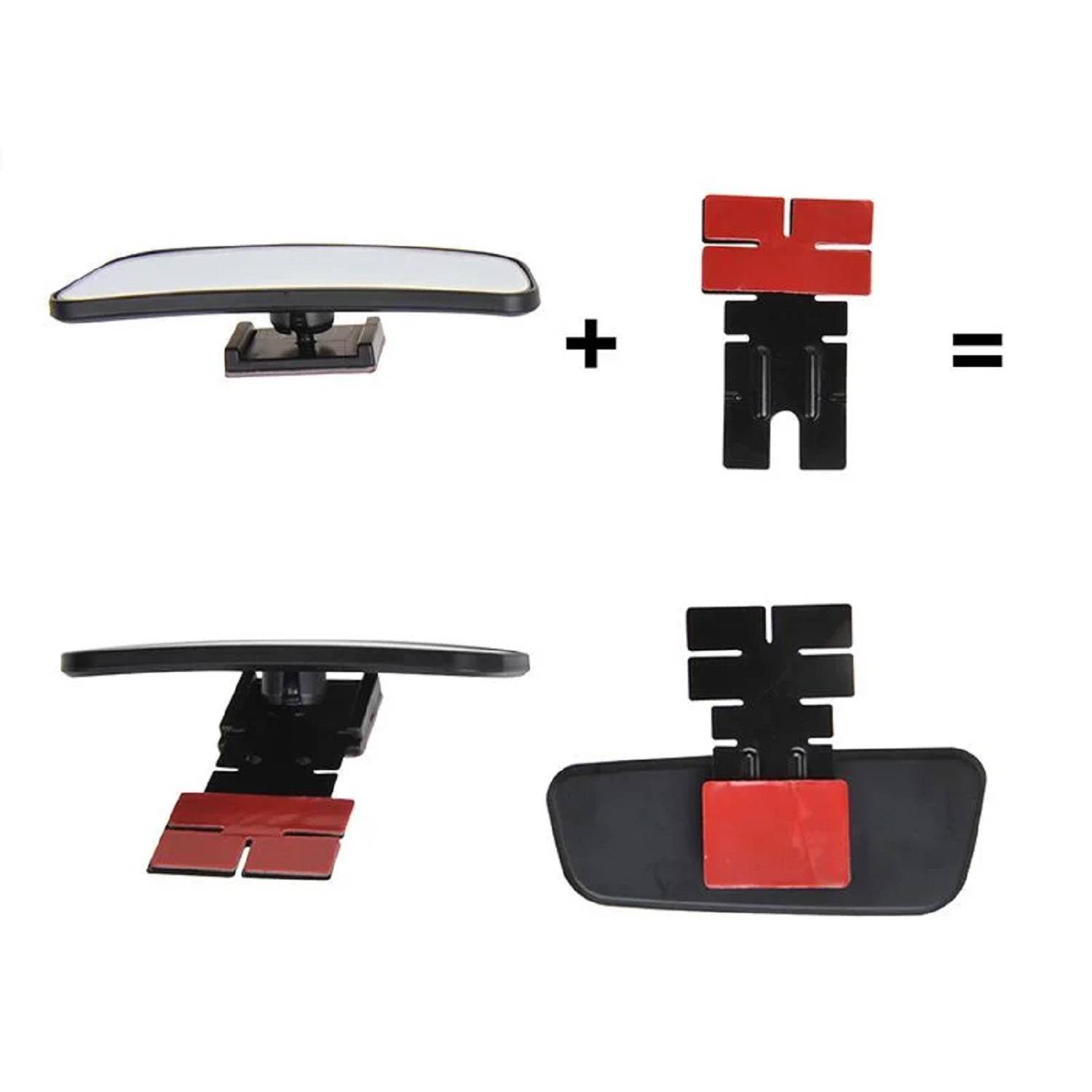 „Beispiel eines Etikettierungsprozesses für einen Rückspiegel. Zeigt Spiegel, Befestigungsclips und deren Kombination zur Montage.