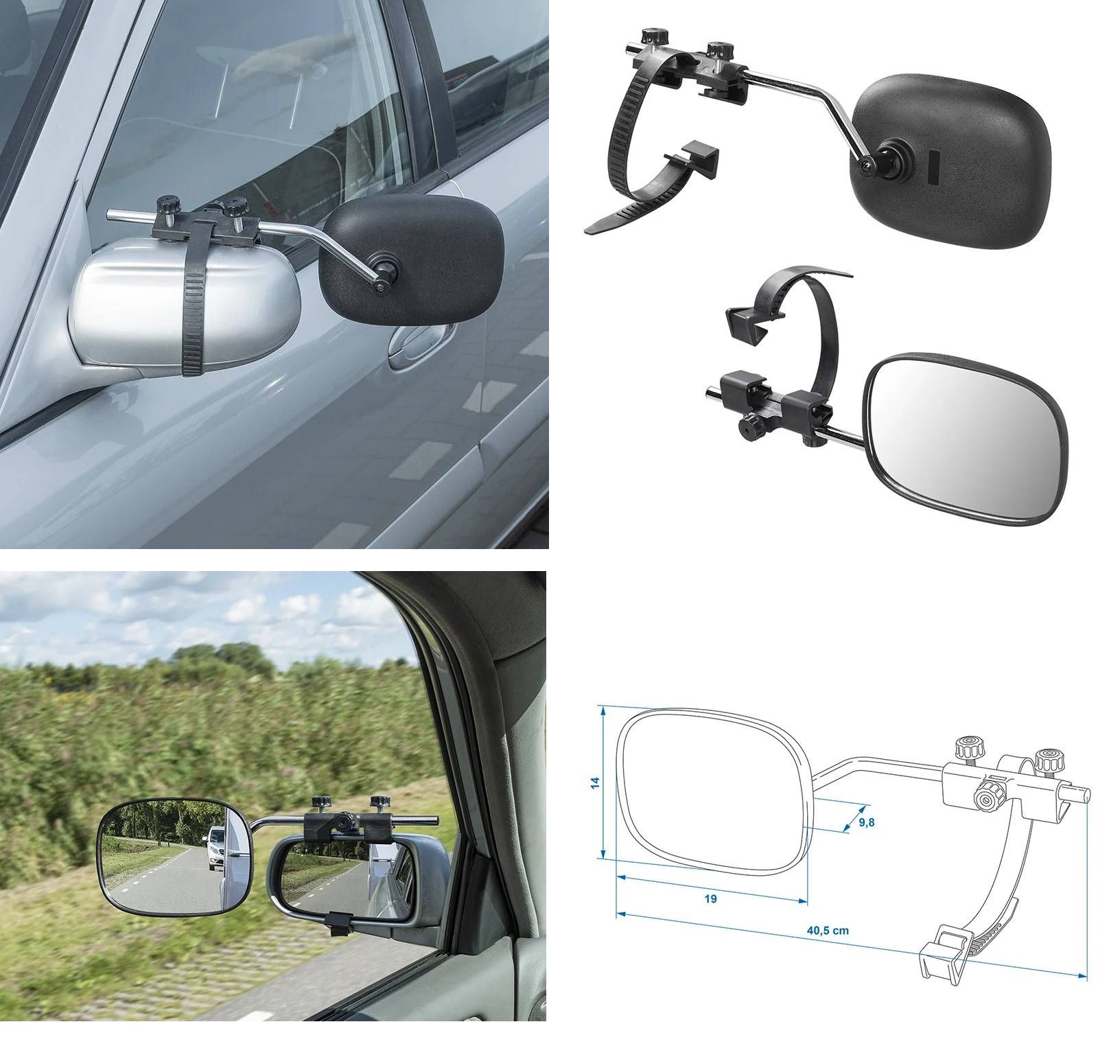 Abschleppspiegels, der mit einem Gurt und Clips am Außenspiegel des Fahrzeugs befestigt ist. Enthält Maßangaben und eine Detailansicht des Befestigungsmechanismus.