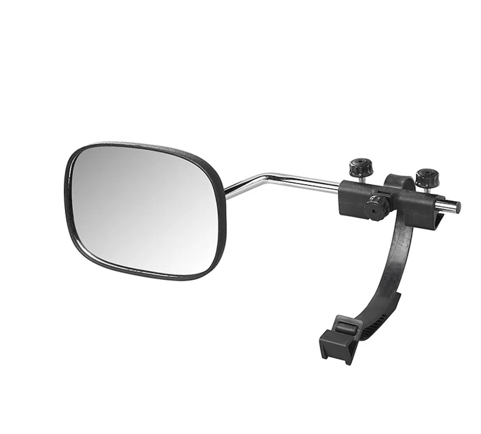 Ein Fahrrad-Rückspiegel, der am Lenker befestigt ist und vor einem weißen Hintergrund gezeigt wird, trägt zur Verbesserung der Sicherheit bei, indem er Radfahrern ermöglicht, hinter sich zu schauen.