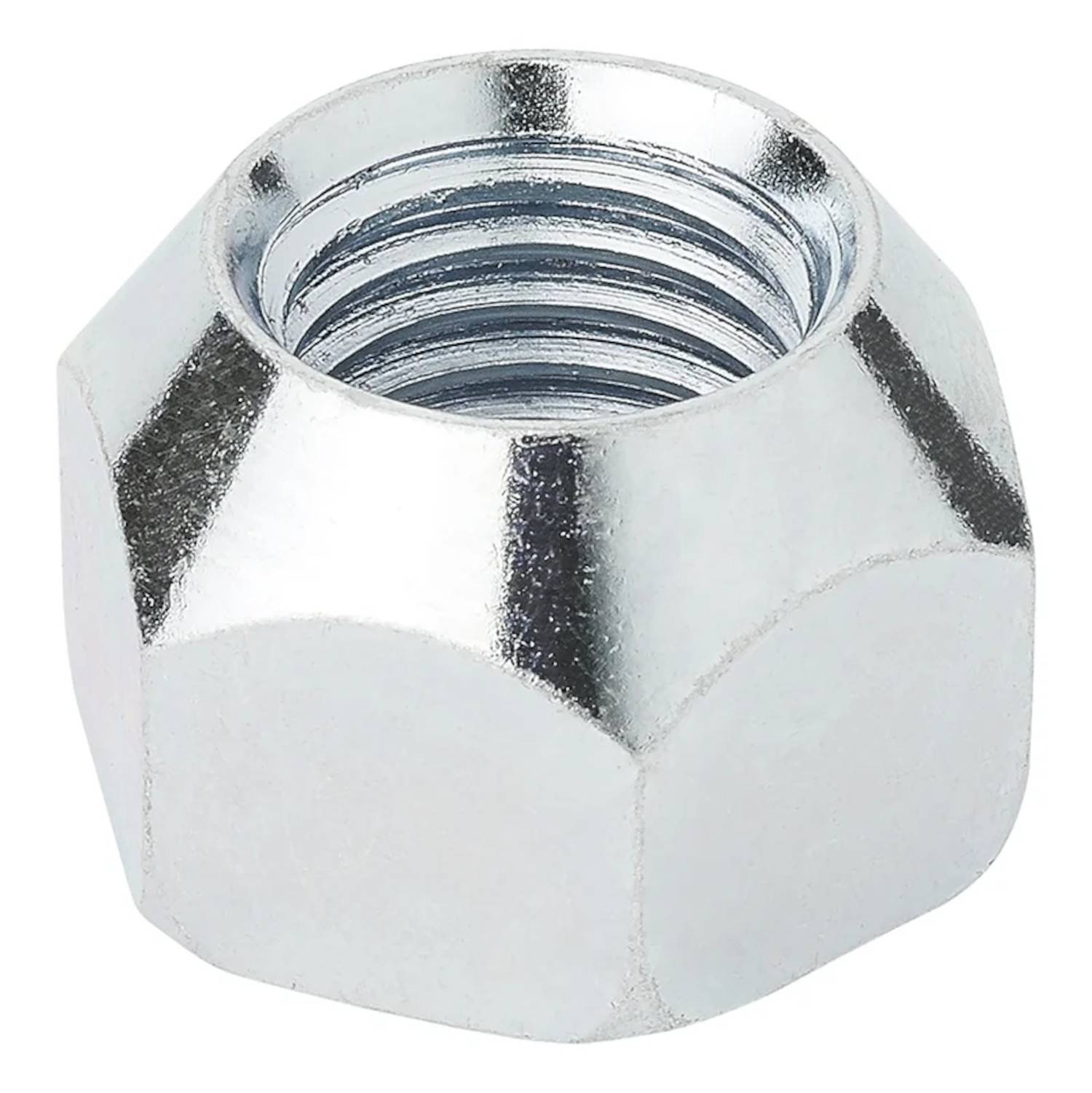 Eine glänzende Metallsechskantmutter mit Innengewinde, die üblicherweise in Verbindung mit einem Bolzen zum Zusammenfügen von Komponenten verwendet wird.