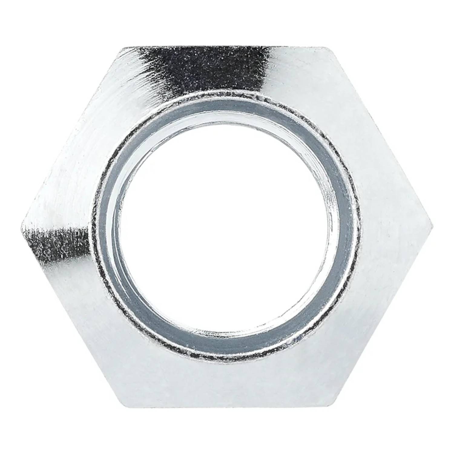 Eine metallische sechseckige Mutter mit gewindeter Innenbohrung, die für Befestigungsanwendungen verwendet wird.