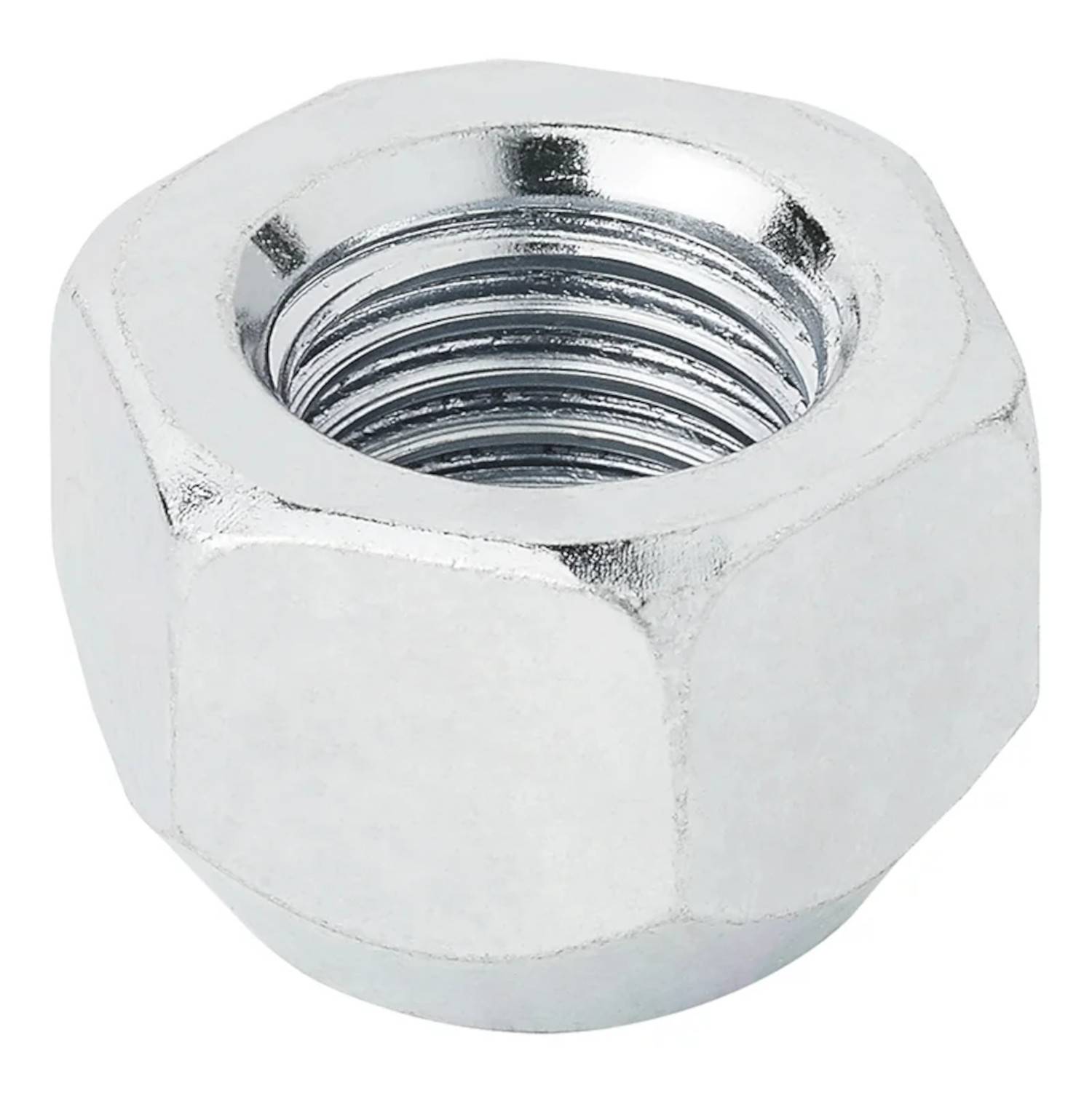 Eine glänzende, metallische Sechskantmutter, die zur Befestigung von Schrauben verwendet wird. Das gewindete Innere ist sichtbar und zeigt ihren Zweck beim Befestigen.