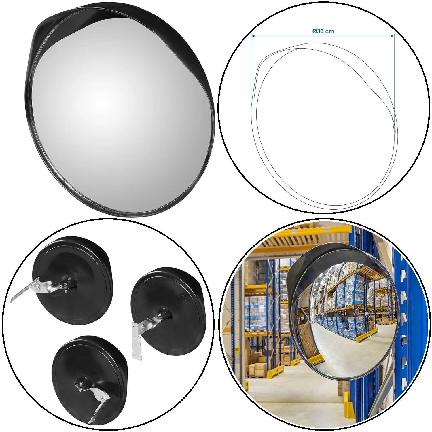Konvexer Spiegel mit Befestigungszubehör, 30 cm Durchmesser. In Lagersetting dargestellt, veranschaulicht Weitwinkelansicht für Sicherheitszwecke.