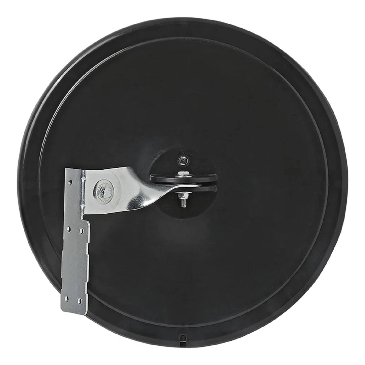 Ein einzelnes schwarzes industrielles Lenkrad mit einer Metallbefestigungshalterung, von der Seite betrachtet, vor einem einfarbigen weißen Hintergrund.