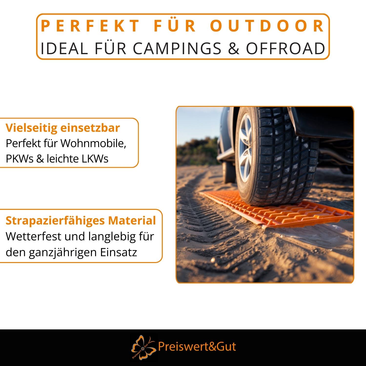 Perfekt für Outdoor, ideal für Campings & Offroad. Reifen auf einer orangefarbenen Traktionsmatte auf sandiger Oberfläche. Vorteile: vielseitig, langlebig.