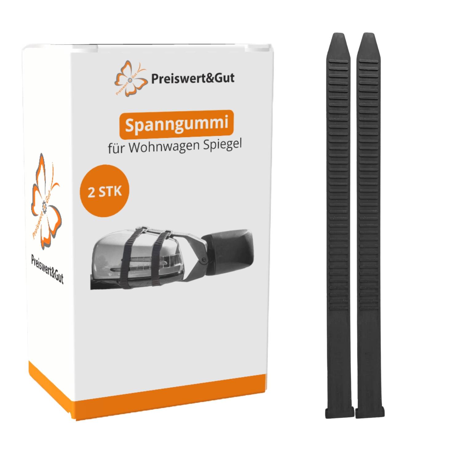 Box labeled 'Preiswert&Gut: Spanngummi für Wohnwagen Spiegel' mit 2 schwarzen verstellbaren Riemen zum Befestigen von Wohnwagenspiegeln.