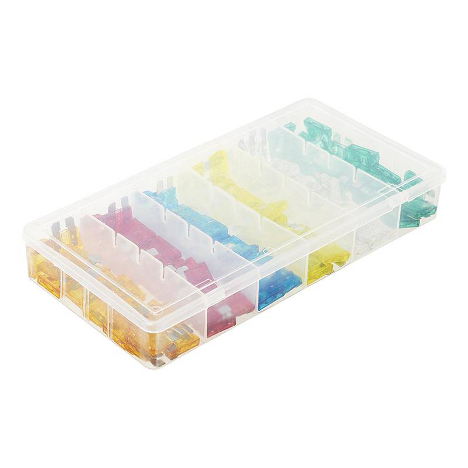 Eine transparente Plastikbox, die sortierte farbige Sicherungen in Fächern enthält.