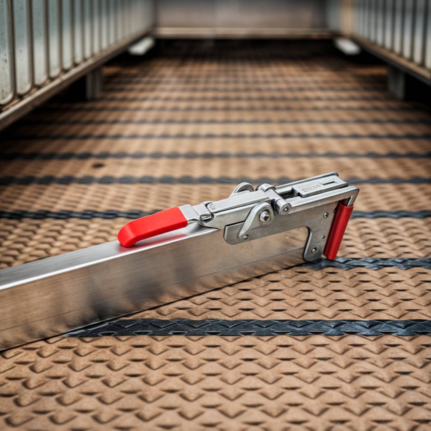 Eine Metallverriegelungsschiene mit einem roten Griff ist über den Boden eines Lastwagens gesichert. Die Schiene verhindert, dass die Ladung während des Transports verrutscht.