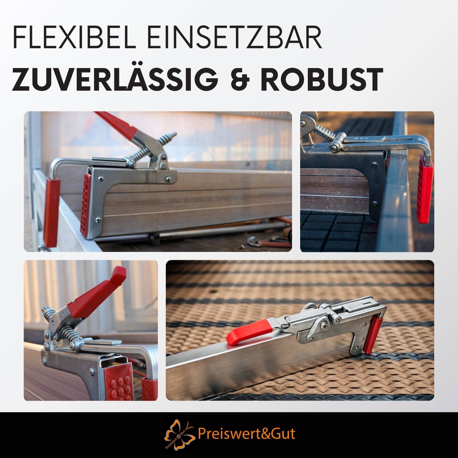 Flexible und zuverlässige Werkzeuge mit roten Griffen in verschiedenen Positionen, beschrieben als 'flexibel einsetzbar, zuverlässig & robust'.