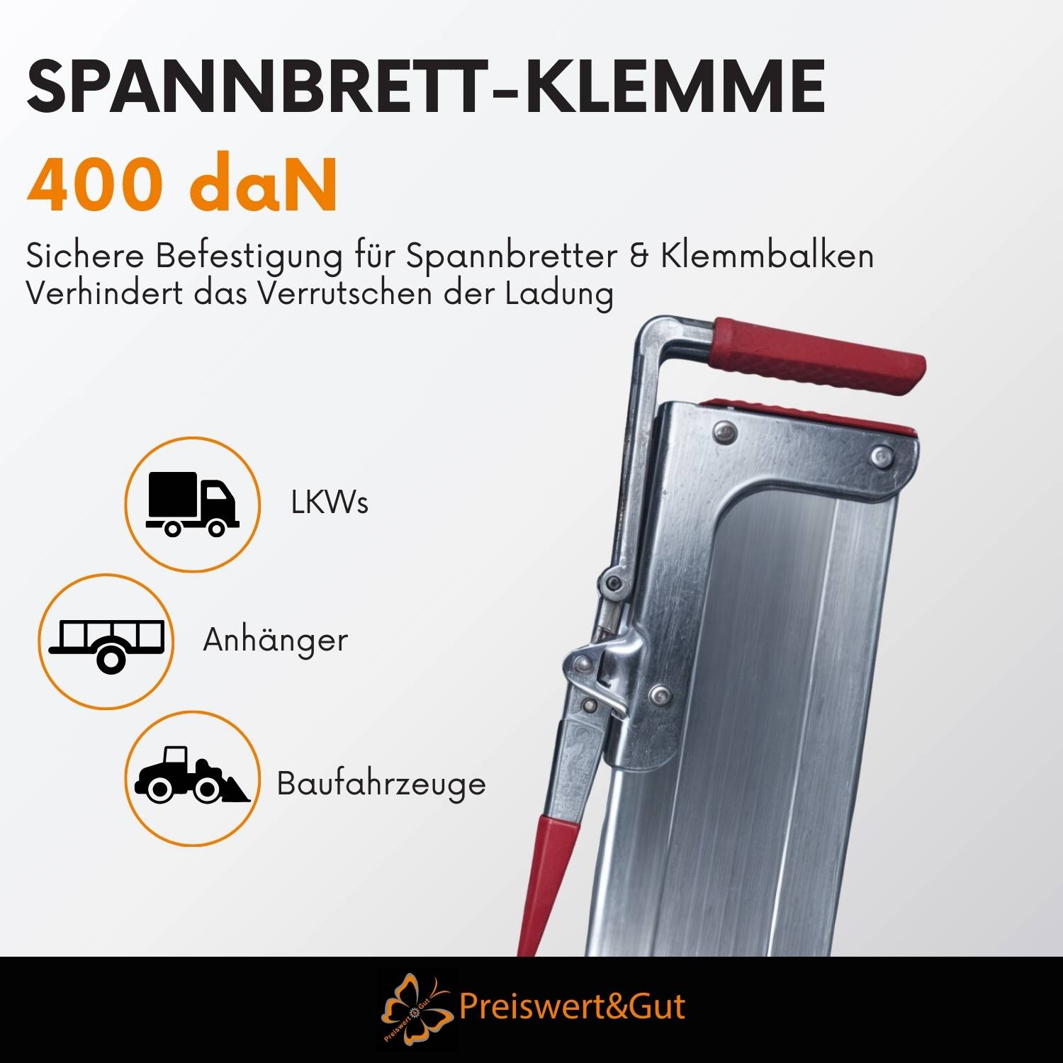 Spannbrett-Klemme 400 daN ist ein Werkzeug, das mit einer Illustration abgebildet ist. Es dient zur Ladungssicherung auf Lastwagen und Anhängern.