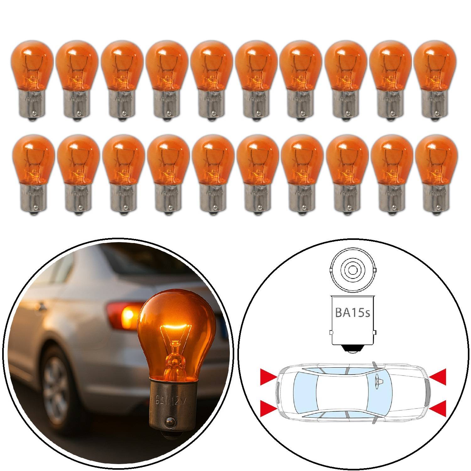 BA15s-Typ bernsteinfarbene Glühbirnen, 20er Set, mit Diagramm zur Glühbirneninstallation am Heck des Fahrzeugs in der Nähe der Bremslichter.