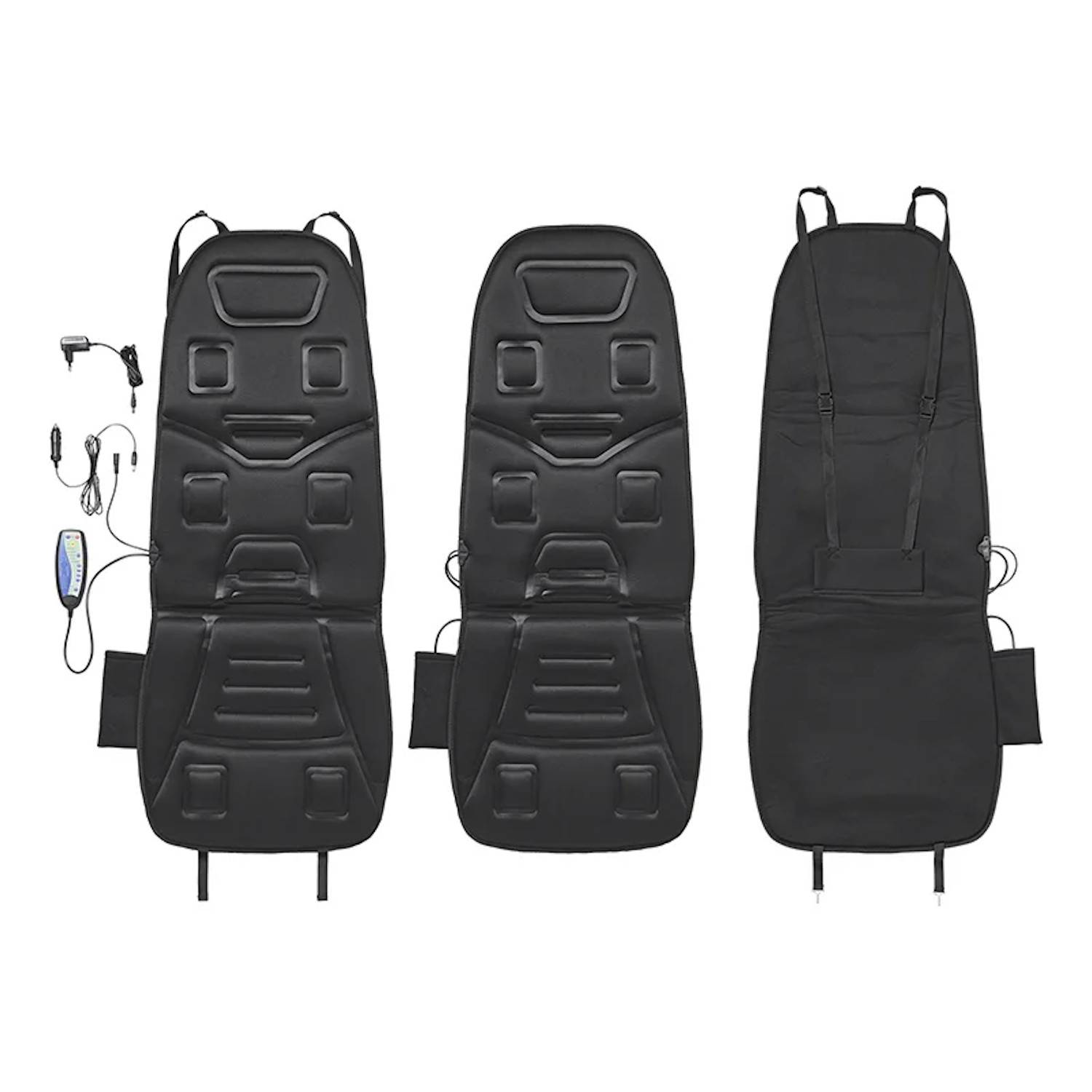 Schwarzes Massage-Autositzkissen mit Netzadapter und Steuereinheit. Ausgestattet mit mehreren Massageknoten und sicheren Befestigungsriemen.