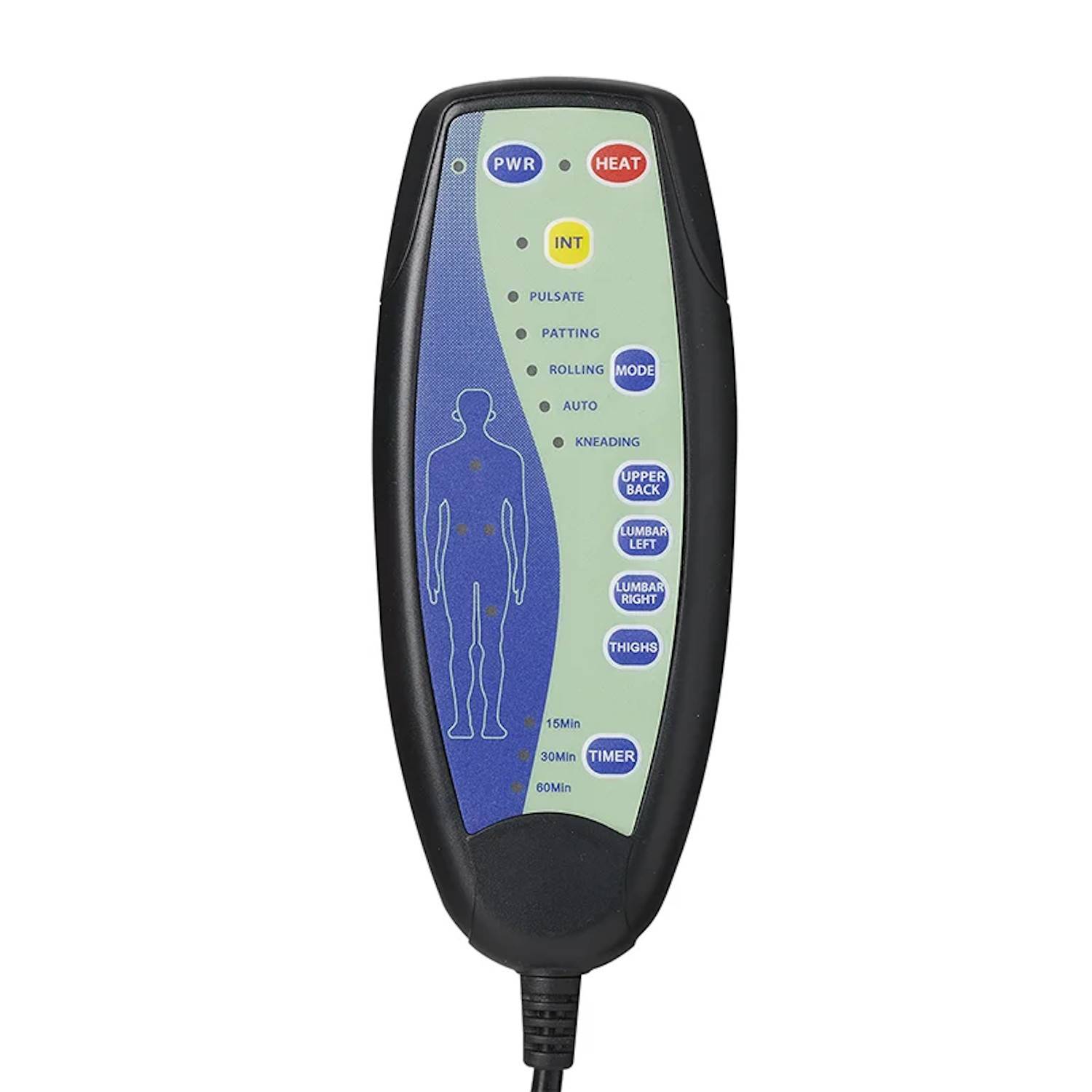 Handgehaltene Fernbedienung für einen Massagesessel mit Tasten für Ein/Aus, Wärme, verschiedene Massagemodi wie ‚Pulsieren' und ‚Rollen' sowie Timerfunktionen.