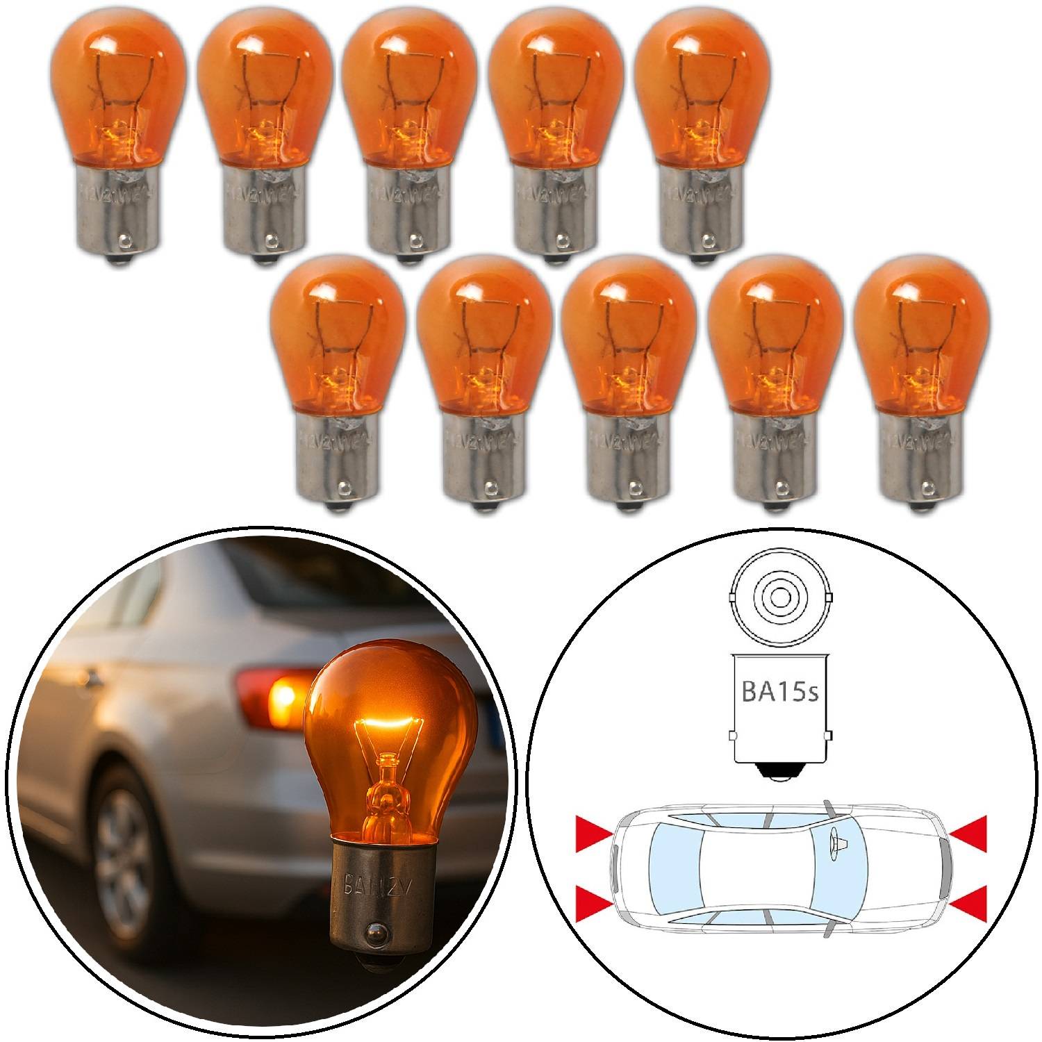 Satz von zehn bernsteinfarbenen Autoglühlampen mit 'BA15s' Sockel dargestellt. Diagramm zeigt Glühlampenplatzierung in den Rücklichtern des Fahrzeugs.