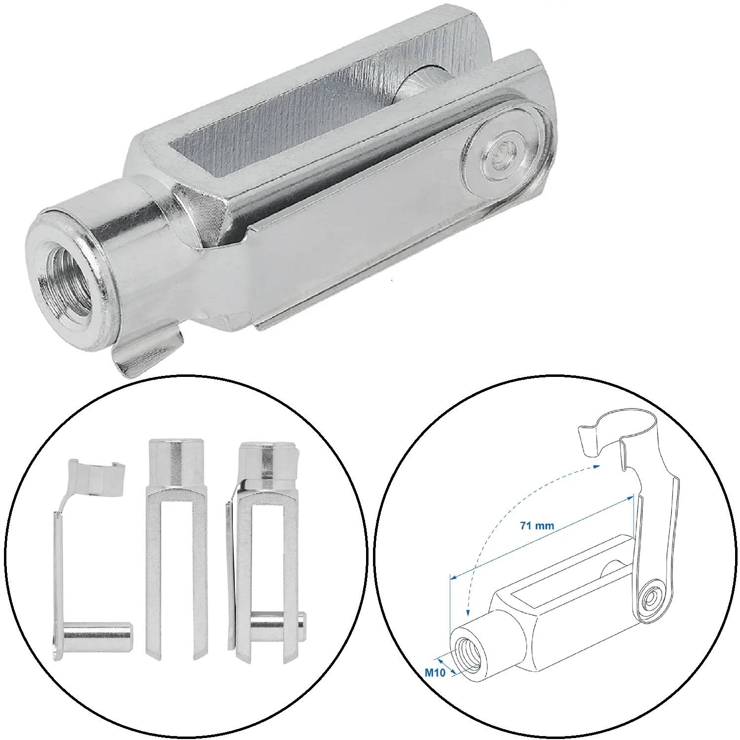 Metallgelenkscharnier, 71 mm lang, mit M10-Gewindebohrung. Enthält Diagramm mit Seiten- und Frontansicht sowie Maßangaben.