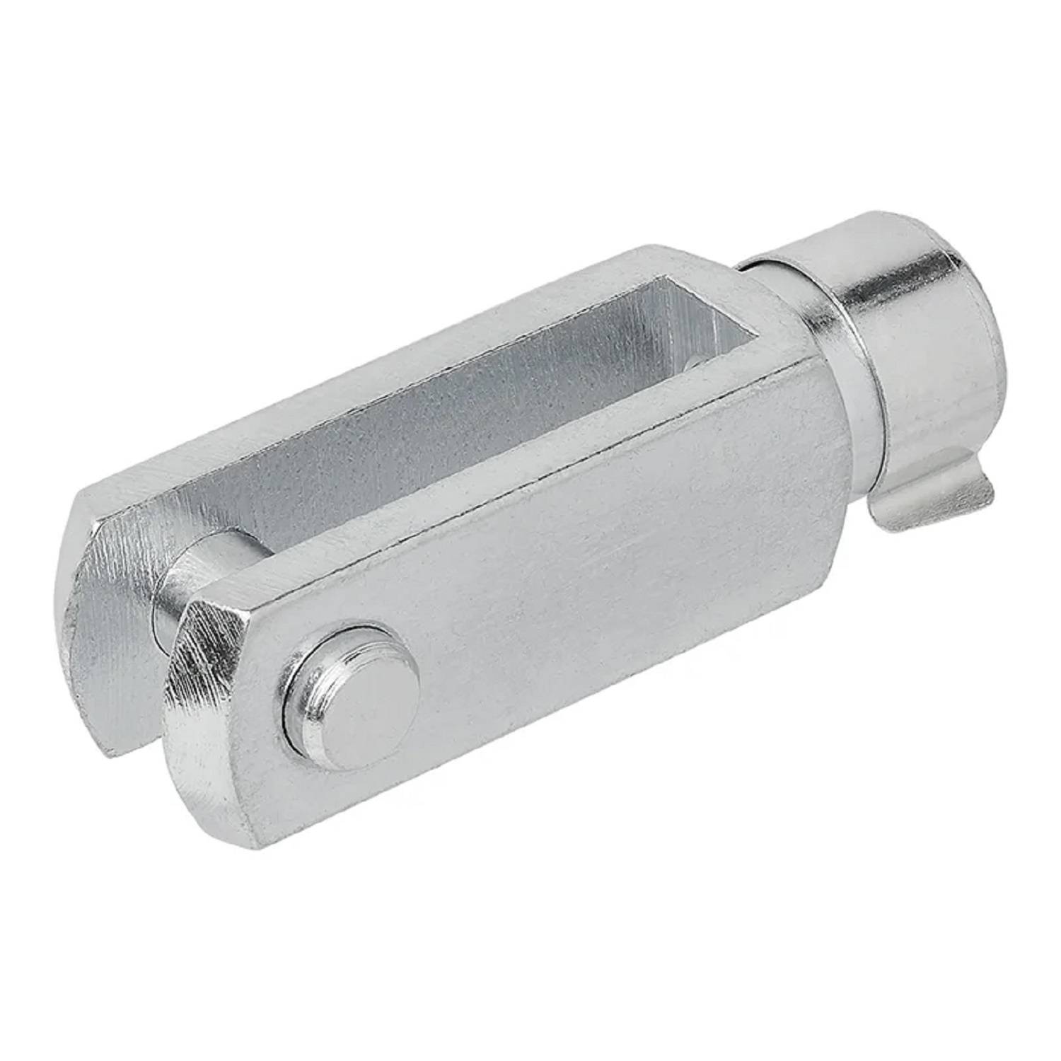 Eine Metallgabel, ein U-förmiger Befestigungsbolzen mit Stift, der häufig zum Sichern von Lasten oder zum Verbinden von Teilen in mechanischen Anwendungen verwendet wird.