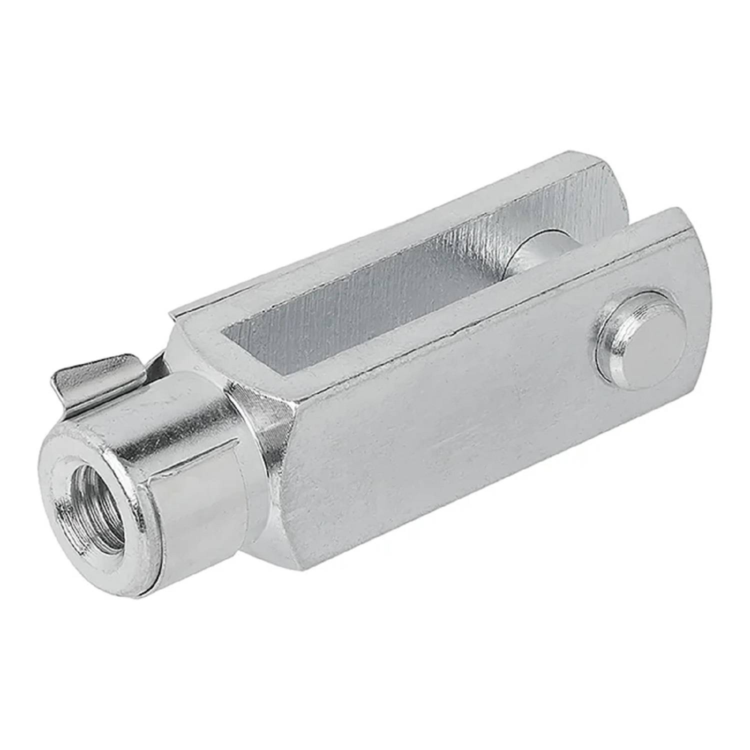 Eine Metallgabel mit einem Gewindestift auf der linken Seite und einer geschlitzten Öffnung in der Mitte, die zum Verbinden von Komponenten in Maschinen verwendet wird.