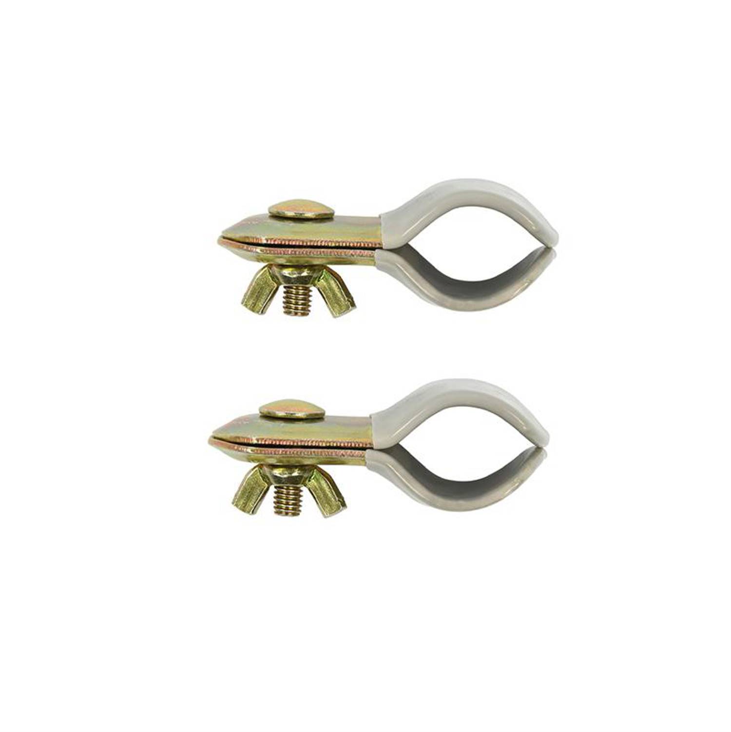 Zwei Metallschlauchschellen mit Flügelmuttern-Befestigungen werden gezeigt, die zum Sichern von Schläuchen oder Rohrleitungen verwendet werden. Beide sind horizontal ausgerichtet.