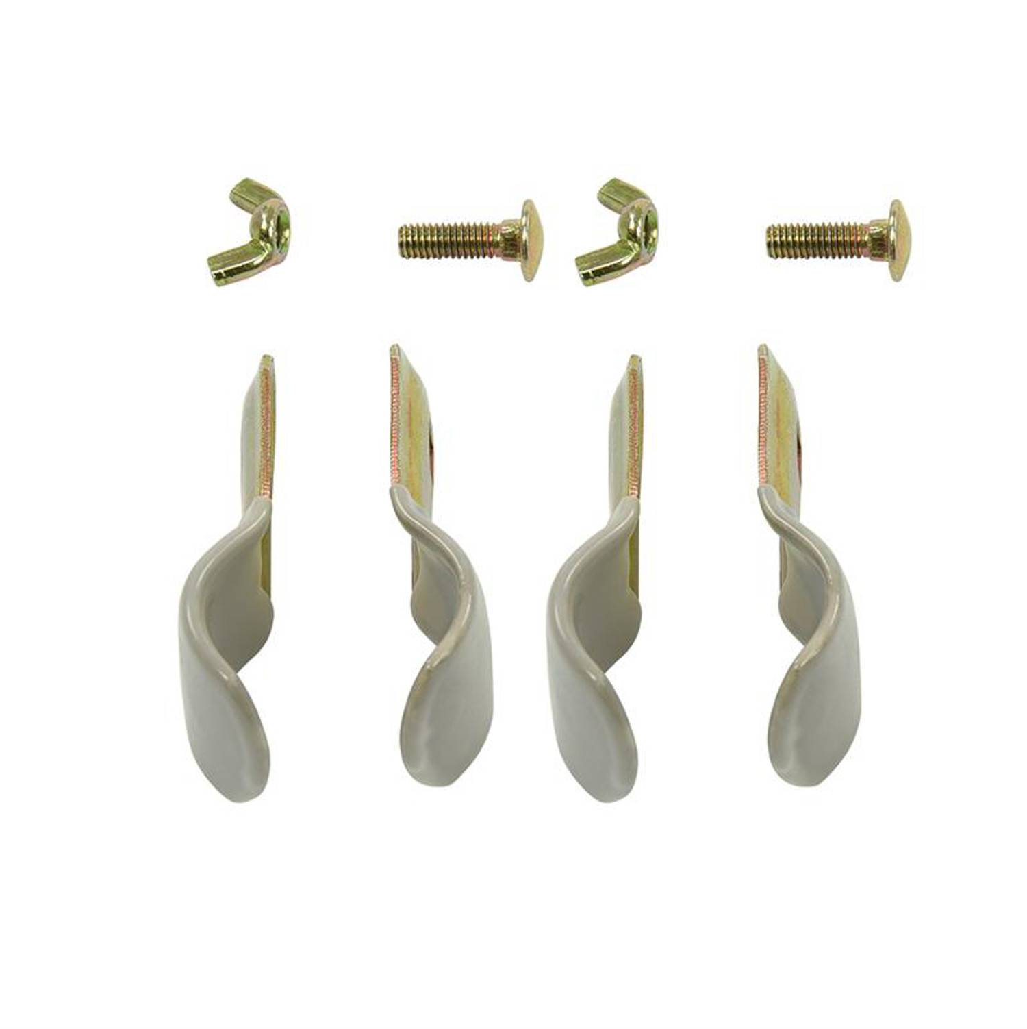 Drei weiße Plastikhalterungen und zwei Metallschrauben mit Dübeln, in einer Reihe angeordnet. Konzipiert für die Befestigung kleiner Regalbohlen.