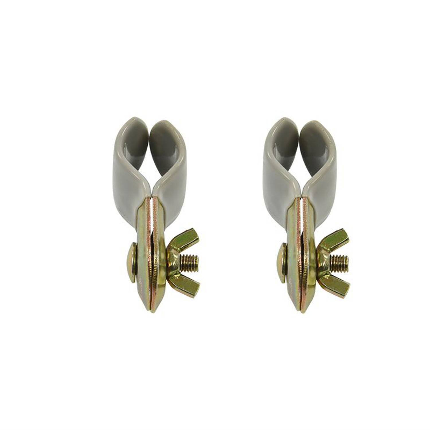 Zwei graue Plastikclips mit Metallschrauben zur Befestigung, senkrecht und nebeneinander platziert.