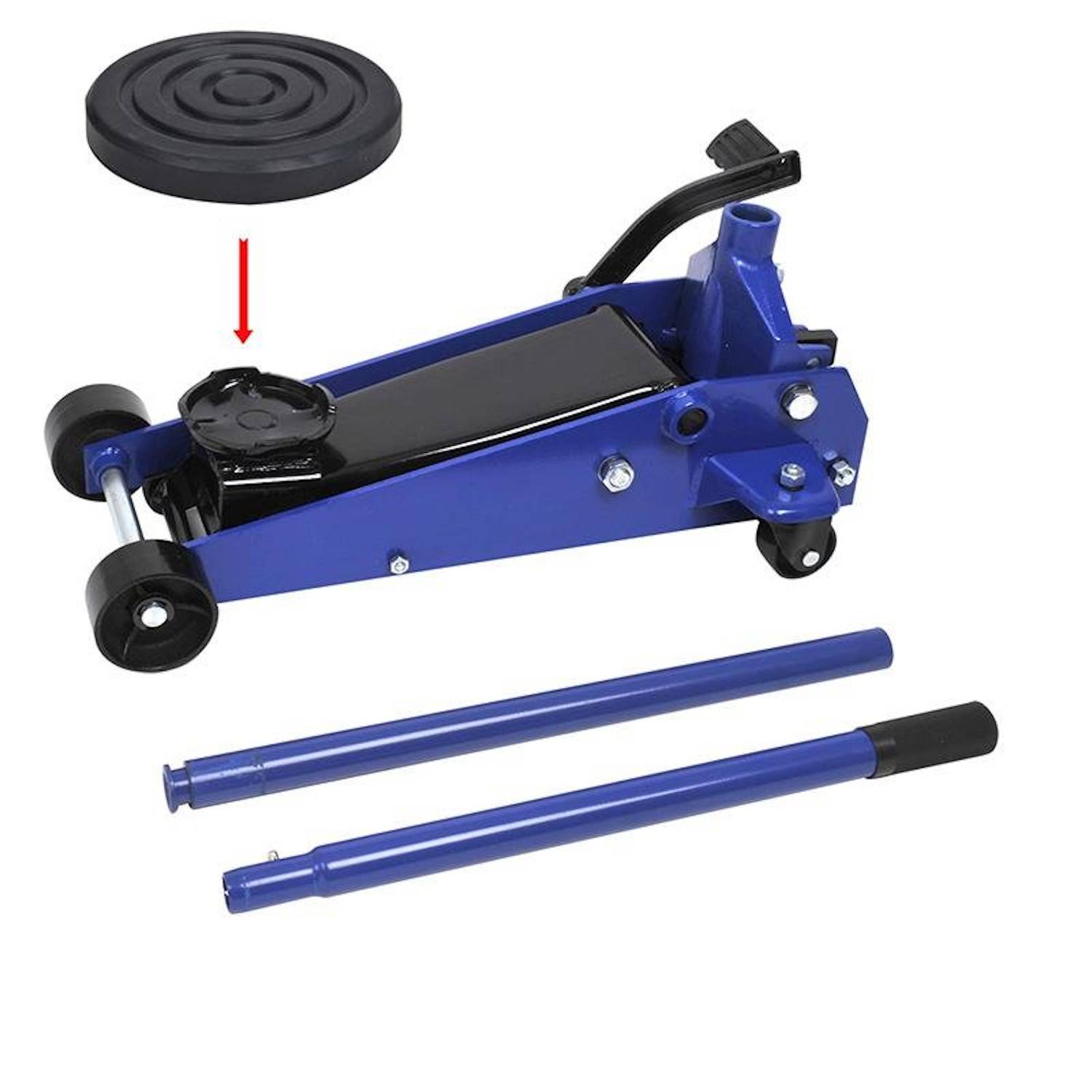 Ein blauer hydraulischer Bodenwagenheber mit abnehmbarem Griff und einer runden schwarzen Aufladefläche. Geeignet zum Anheben von Fahrzeugen oder schweren Geräten.