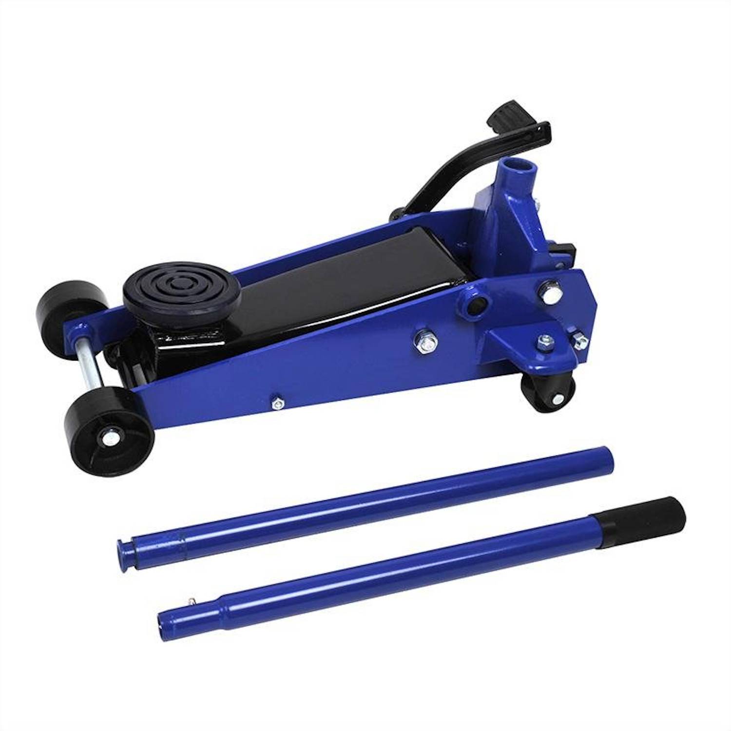 Blauer hydraulischer Bodenwagenheber mit zwei Griffen, verwendet zum Anheben von Fahrzeugen, mit sichtbaren Rädern und Hebemechanismus.