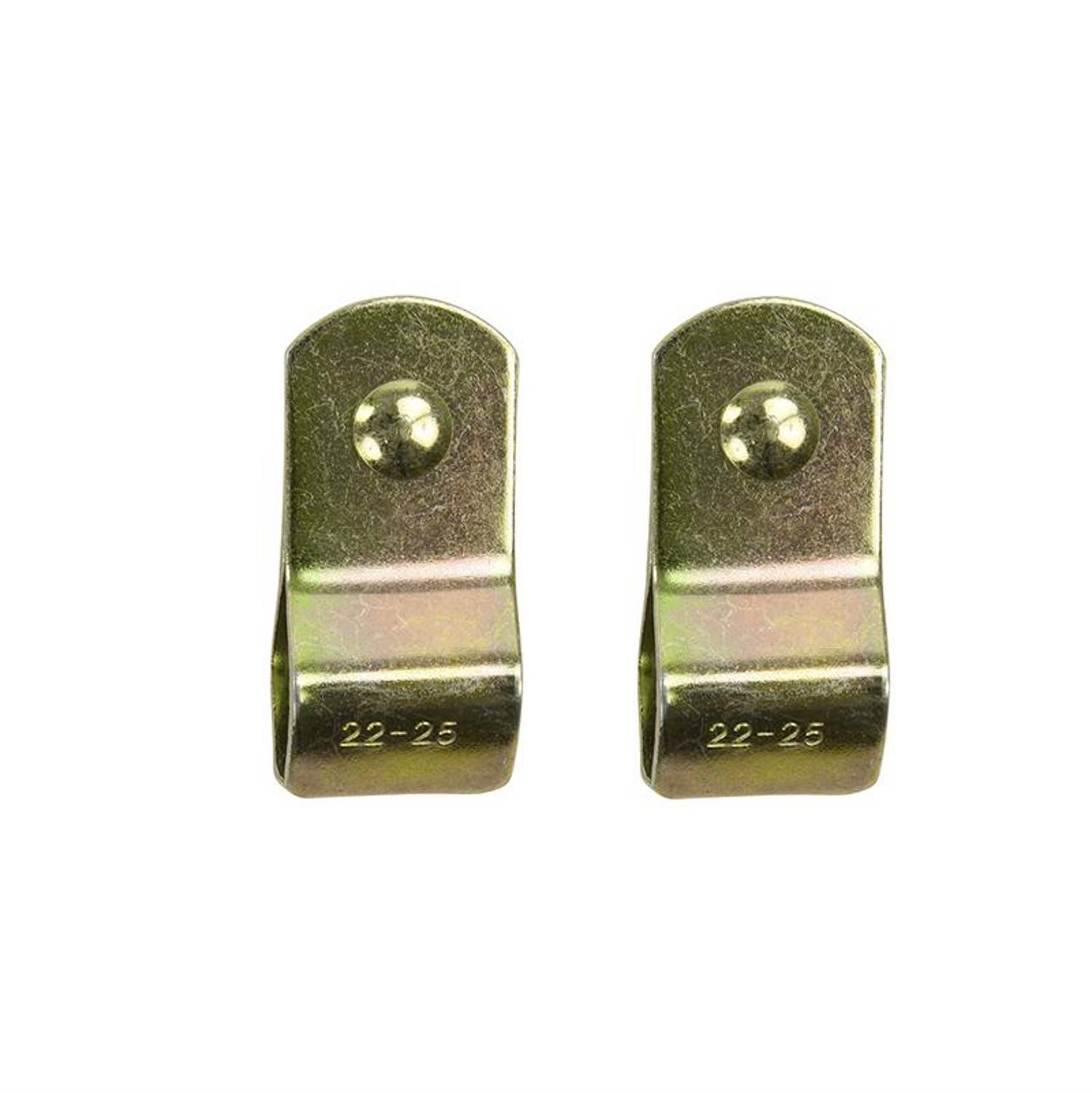 Zwei messingfarbene Metallklammern mit abgerundeten Oberteilen und Schraublöchern, mit '22-25' beschriftet.