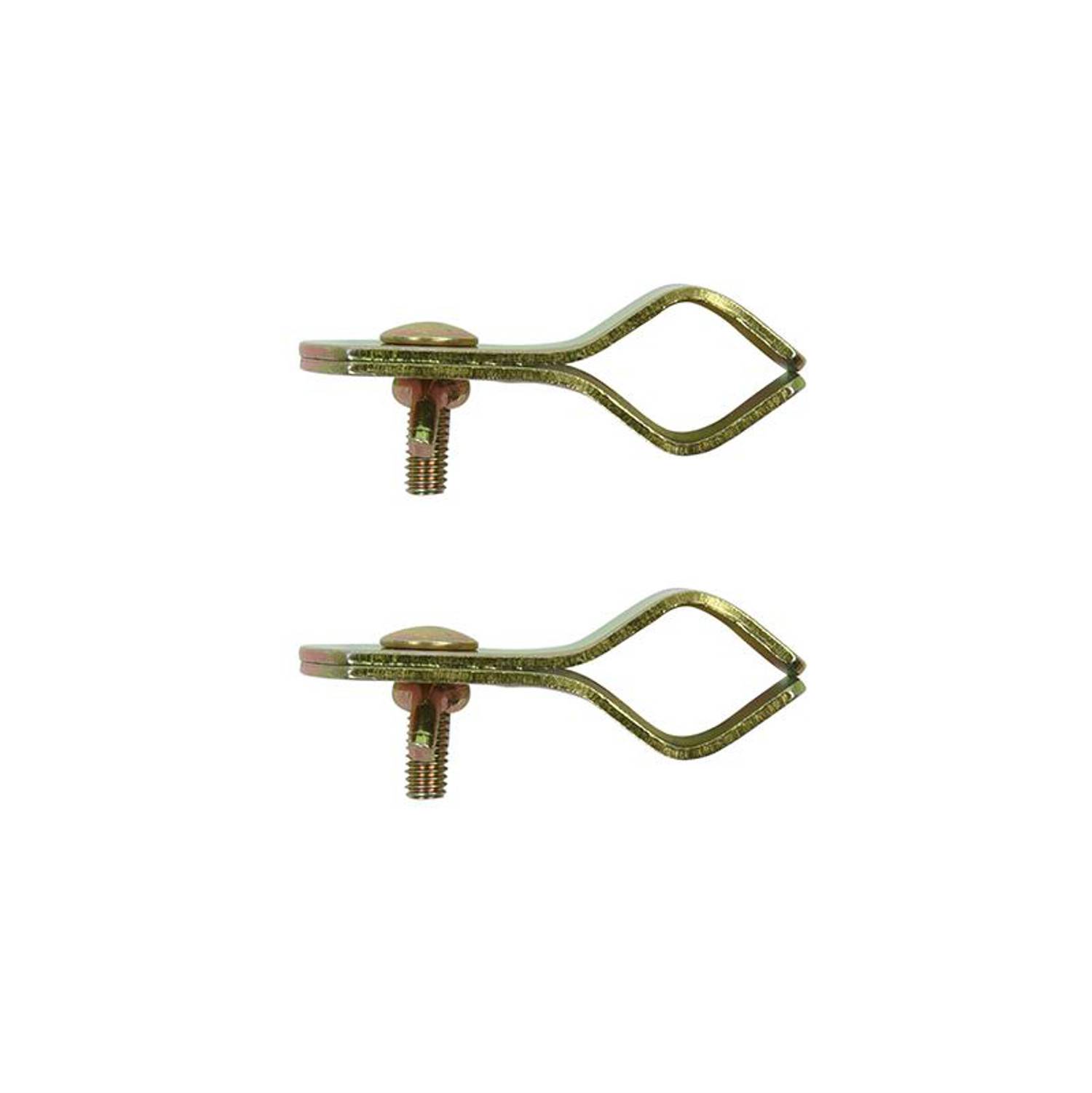 Zwei Metallklemmen, vertikal ausgerichtet, mit einer geschwungenen Gestaltung. Jede Klemme verfügt über einen Bolzen zum Befestigen an Objekten.