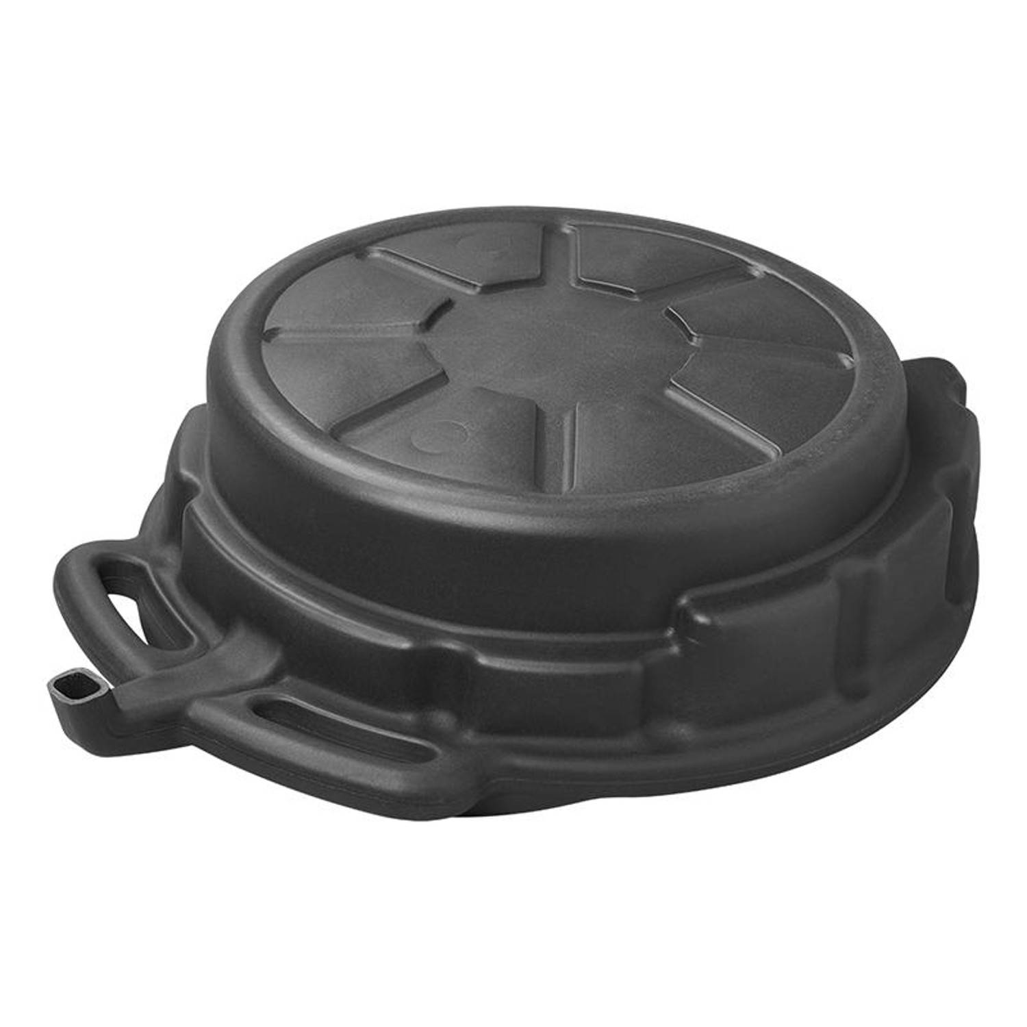 Eine schwarze Plastik-Ölablaufwanne mit Ausguss und Griff, entwickelt zum Auffangen von gebrauchtem Öl während der Fahrzeugwartung.