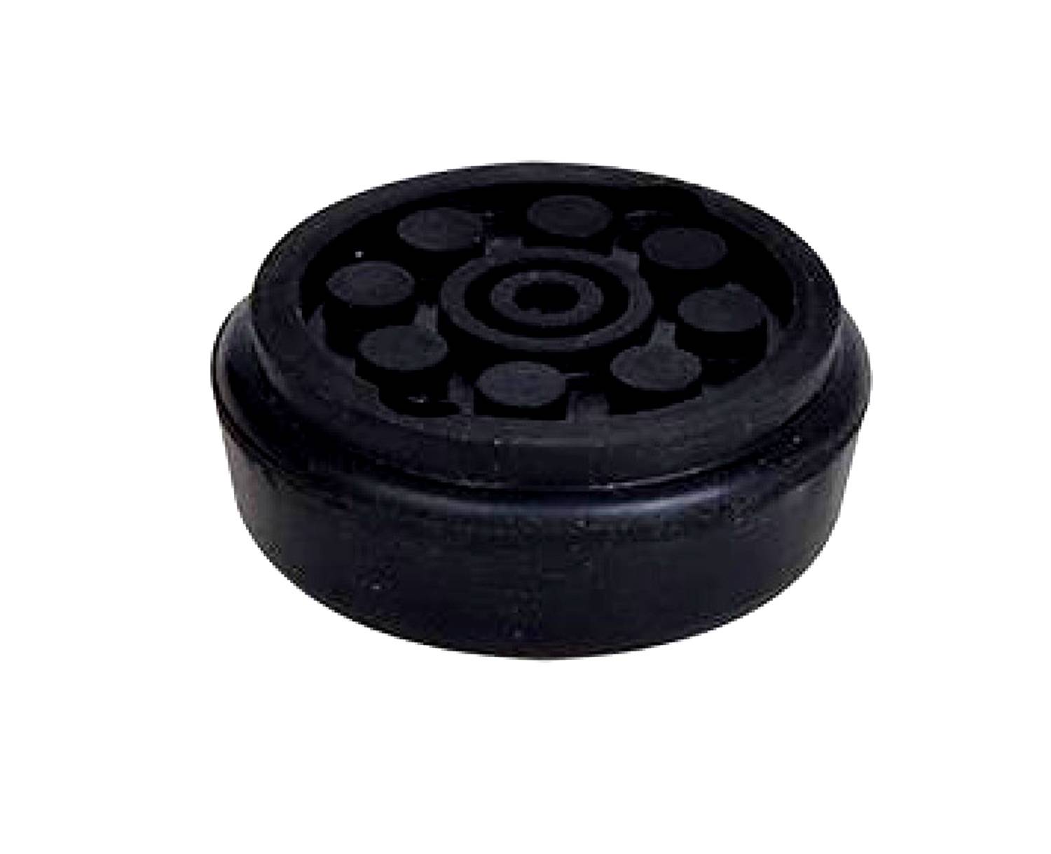 Ein schwarzes Gummi-Vibrationsisolierpad mit einem kreisförmigen Muster aus neun erhabenen Punkten auf der Oberfläche. Geeignet zur Reduzierung von Geräuschen und Vibrationen.