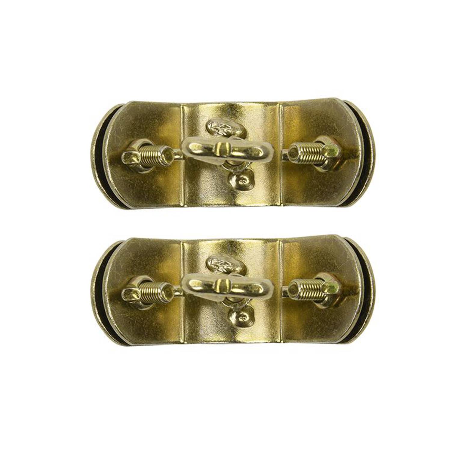 Zwei goldfarbene Metallgurtverschlüsse mit Schraubenbefestigungen, von oben betrachtet.