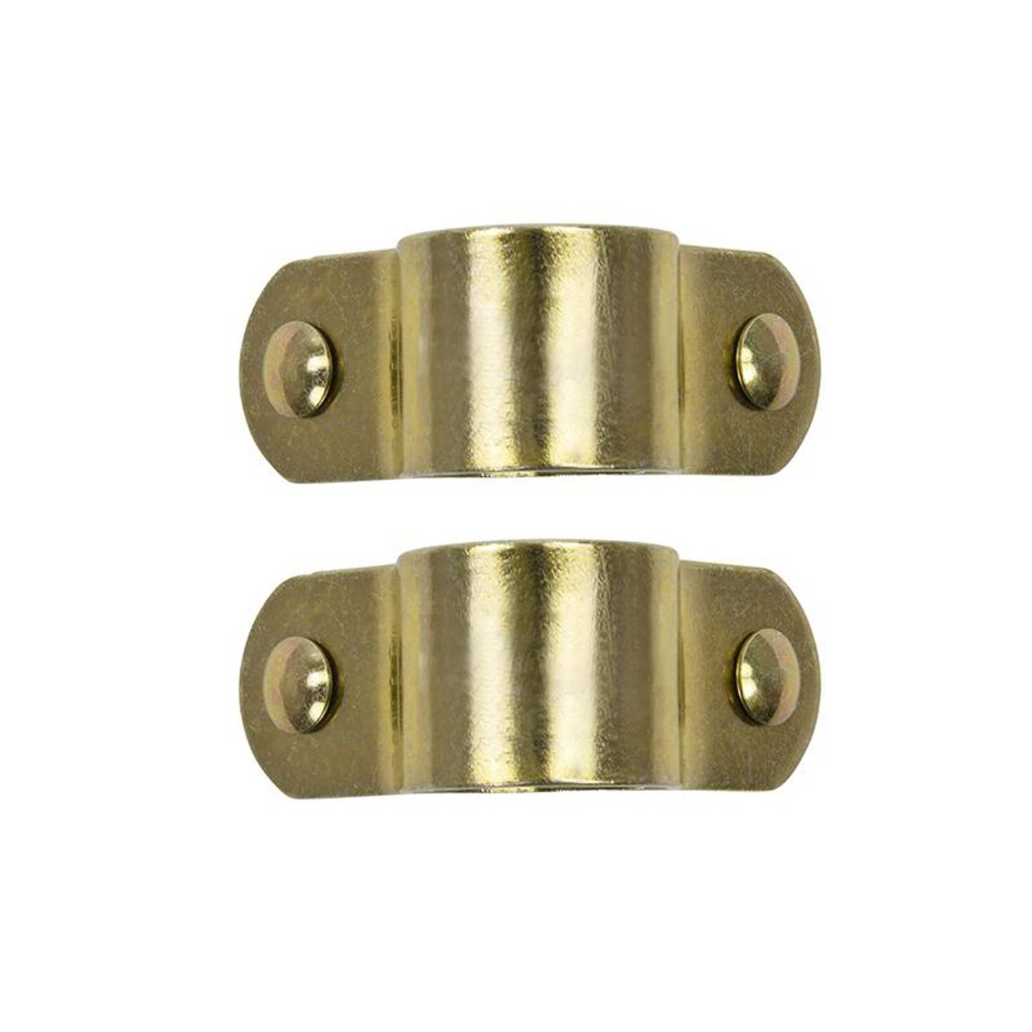 Zwei Messingpipelklammern mit flachen Basen und jeweils zwei Schrauben, senkrecht gegen einen weißen Hintergrund angeordnet.