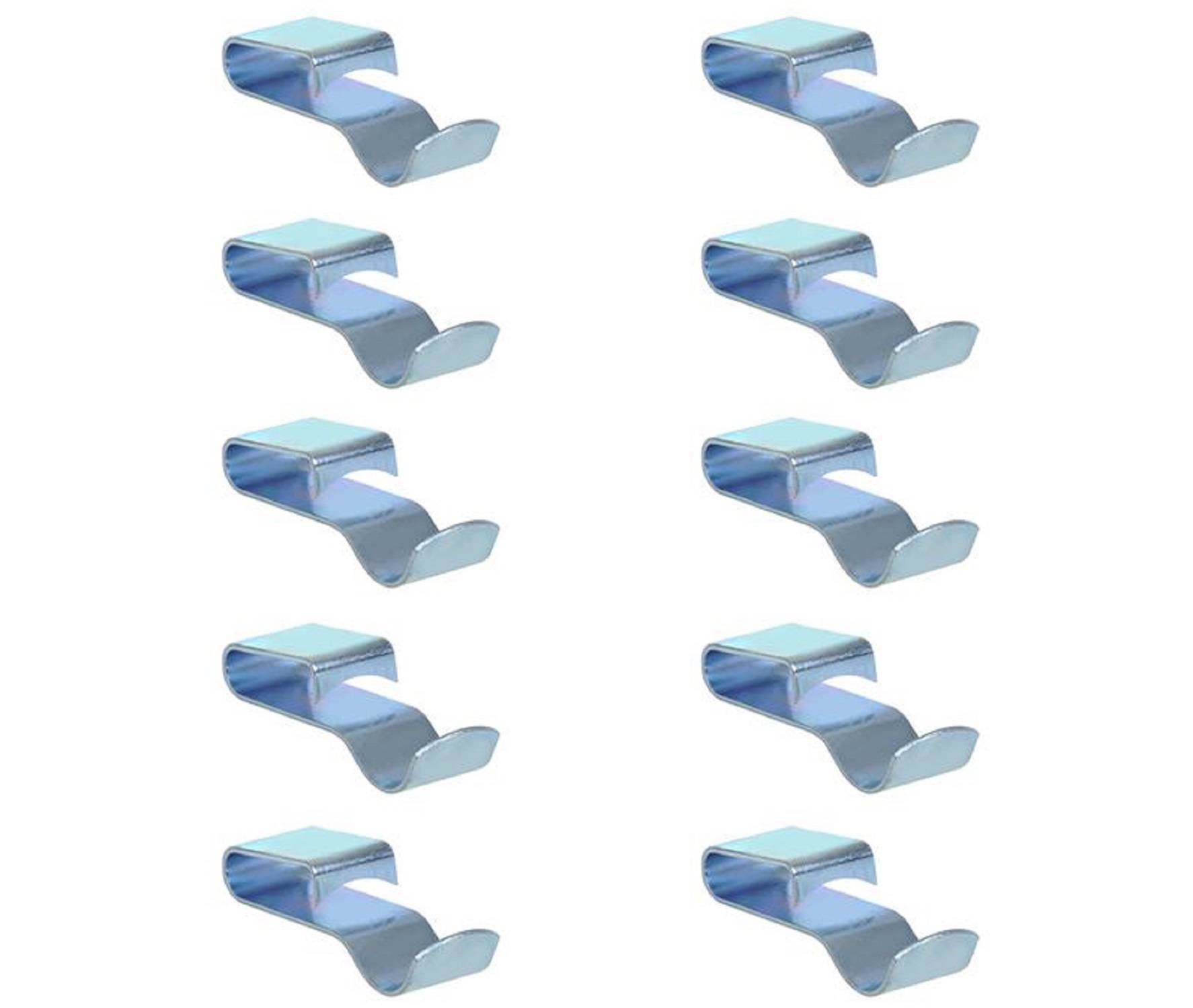 „Satz von zehn Silberklammern, jede mit einer gekrümmten, flachen Gestaltung, in zwei vertikalen Spalten vor einem weißen Hintergrund ausgerichtet.