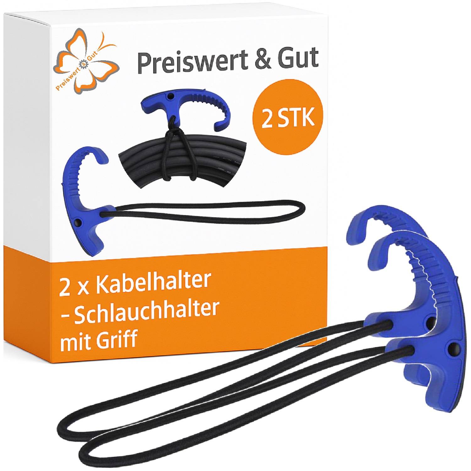 Blauer Kabelhalter mit Griff, auf Produktverpackung mit den Aufschriften 'Preiswert & Gut' und '2 STK', verwendet zur Organisation von Schläuchen oder Kabeln.
