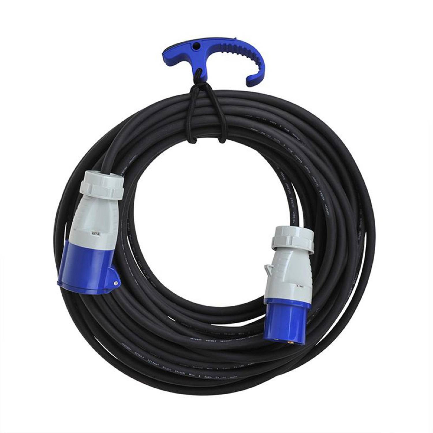 Ein aufgerolltes schwarzes Kabel mit blauen und weißen Steckern, das an einem Haken mit Griff hängt. Wird für elektrische Verbindungen verwendet.