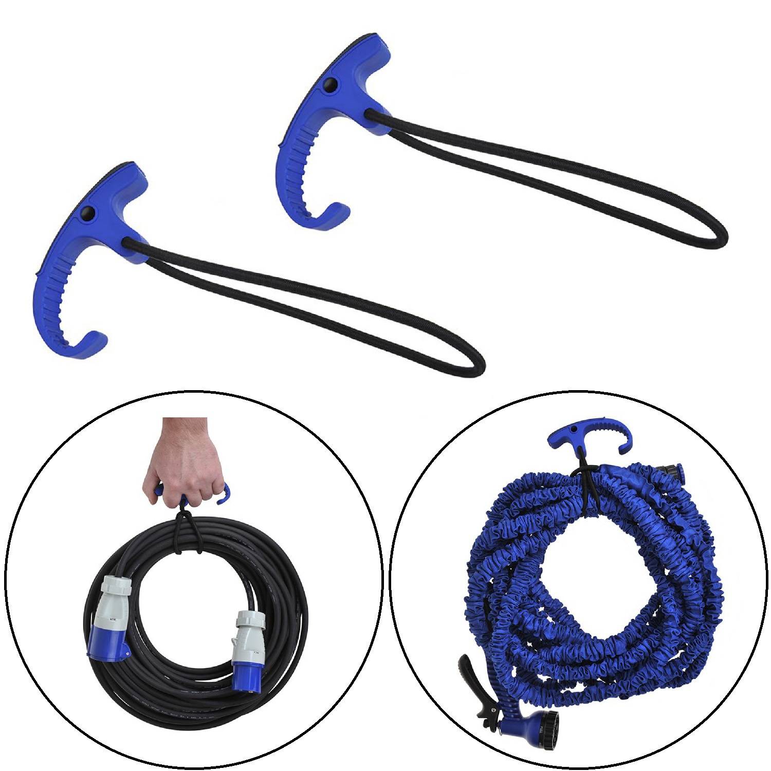 Blaue und schwarze Tragegriffe für Schläuche über Bildern, die die Griffe an aufgerollten Schläuchen zur einfachen Handhabung und Organisation zeigen.