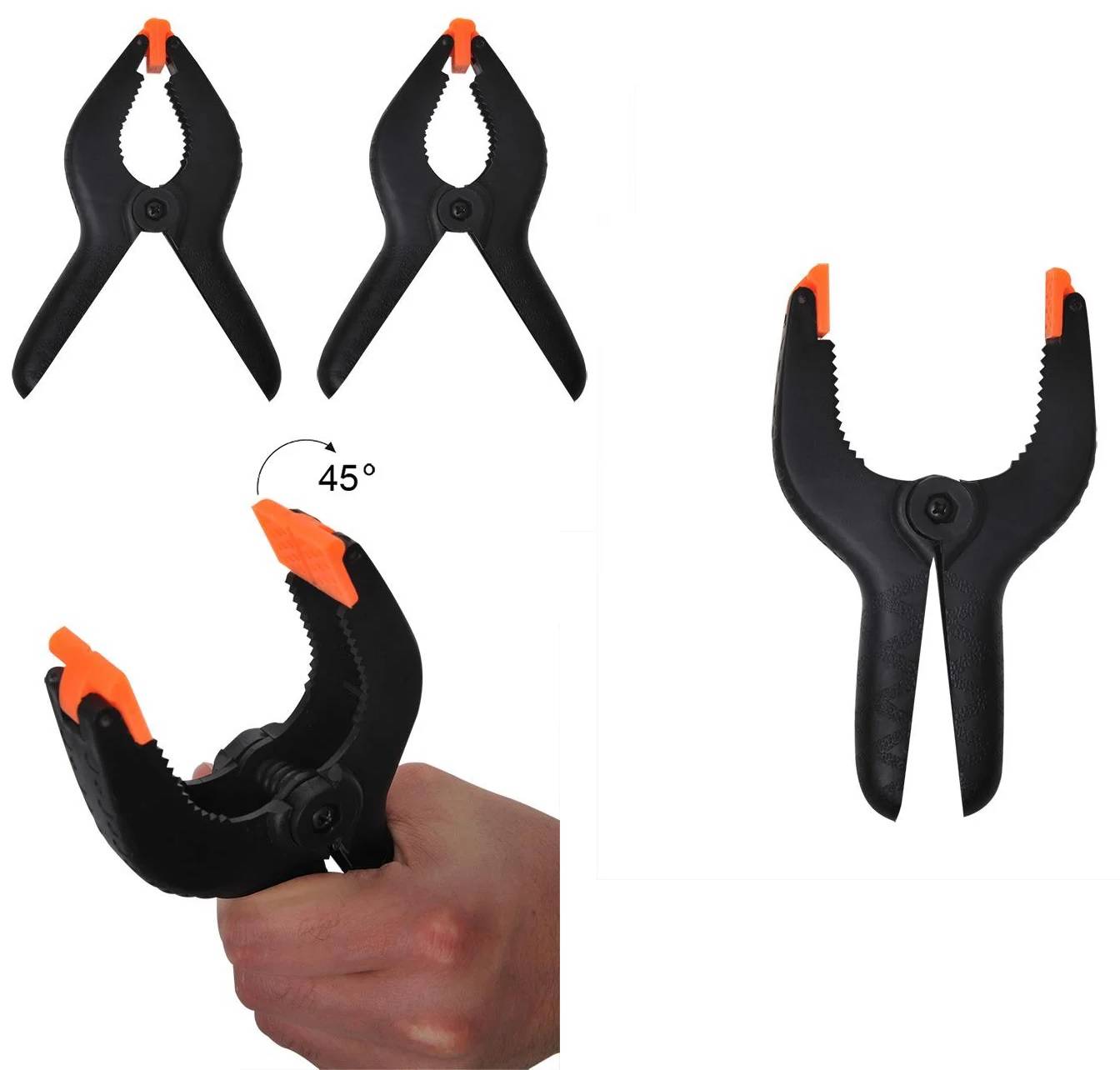 Drei schwarze Federklemmen, jede mit orangen Spitzen. Eine Klemme wird in der Hand gehalten und demonstriert ihre Öffnungsfähigkeit in einem 45-Grad-Winkel.