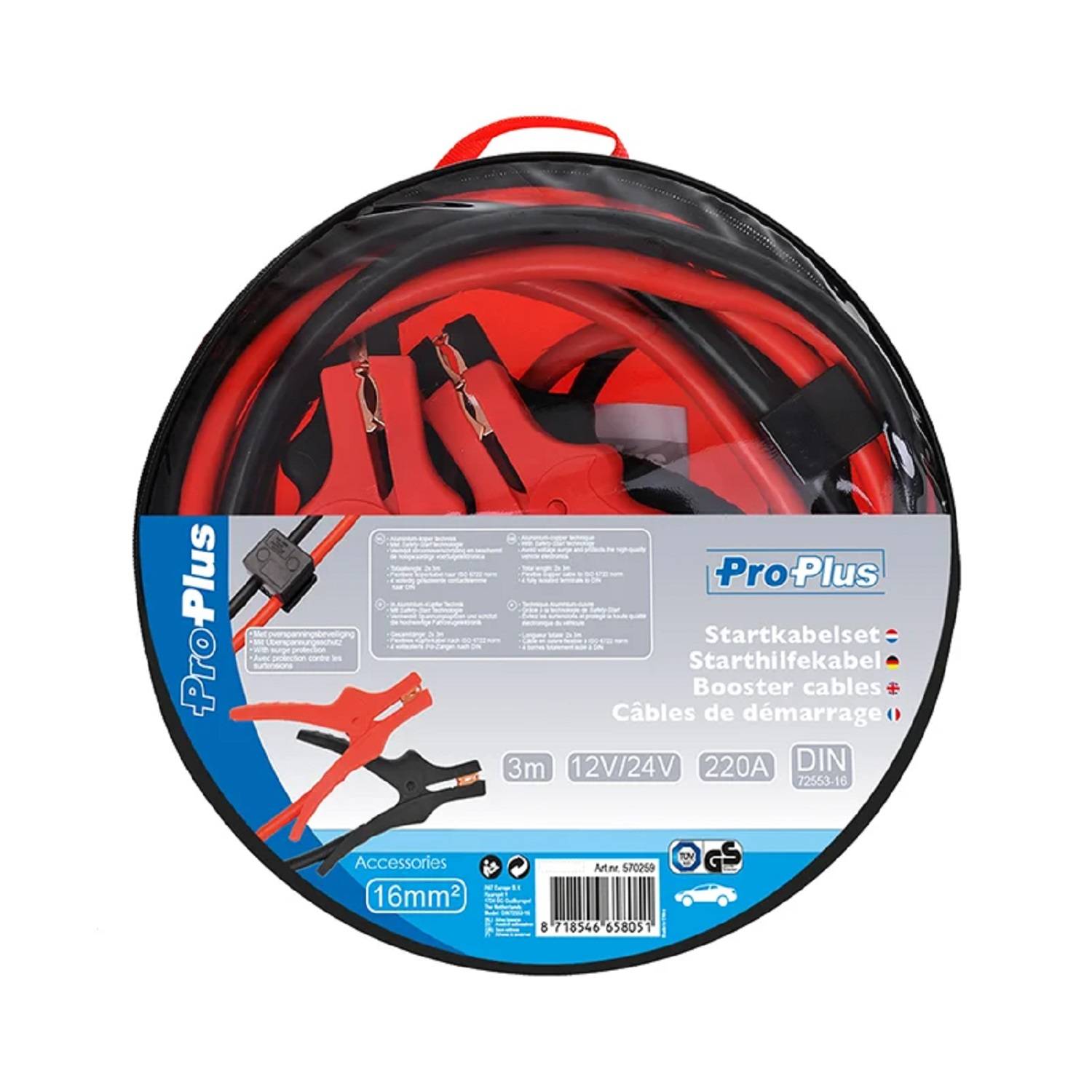 Eine runde Verpackung mit roten Überbrückungskabeln mit Klemmen. Beschriftet mit '3m 12V/24V 220A'. Geeignet zum Aufladen von Autobatterien.